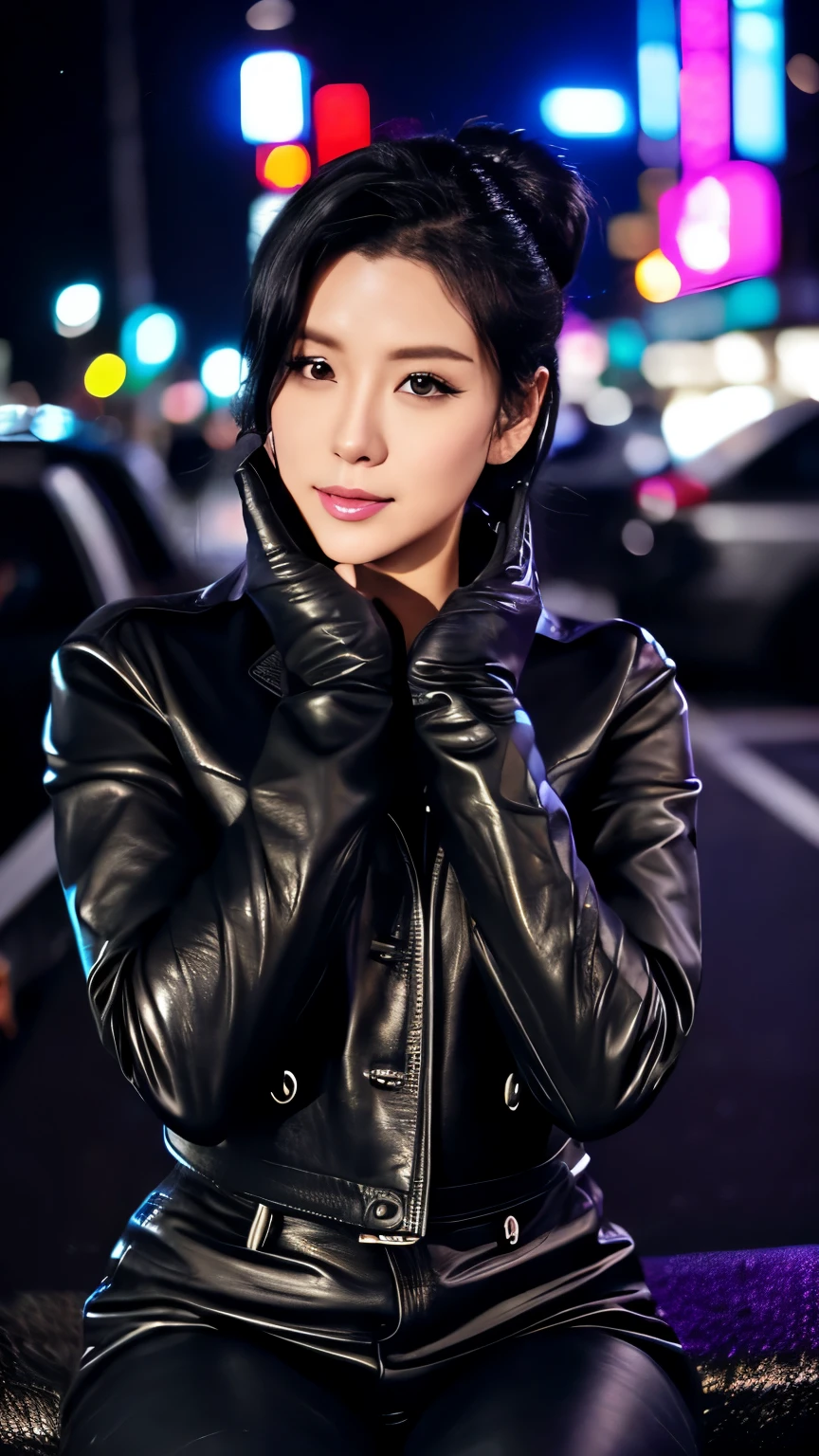 Black leather riders jacket, Office in the Dark, Black leather glove fingertips on both hands,Wearing black leather gloves,Sitting in a black leather chair、 Japan Female New Employees (Black leather gloves cover both hands) (The angle is sideways)、Black Leather Leather Pants,Black Leather Black Leather Pants,Black Leather Skinny Pants、Long black leather boots on both feet、Black Hair Ponytail ((He wears black leather gloves on his hands))full body photo,Full Body Shot Full Body Full Body Leather Suit,☺If you turn in this direction。Wearing black leather gloves,Wearing black leather gloves,Wearing black leather gloves,Wearing black leather gloves,Wearing black leather gloves,Wearing black leather gloves,黒のレザーパンツが美しい😍黒のレザーパンツが美しい😍黒のレザーパンツが美しい,😍I'm smiling while looking at you,city lights、((Neon Cyberpunk City Street:1.3))、(neon light)、detailed lighting