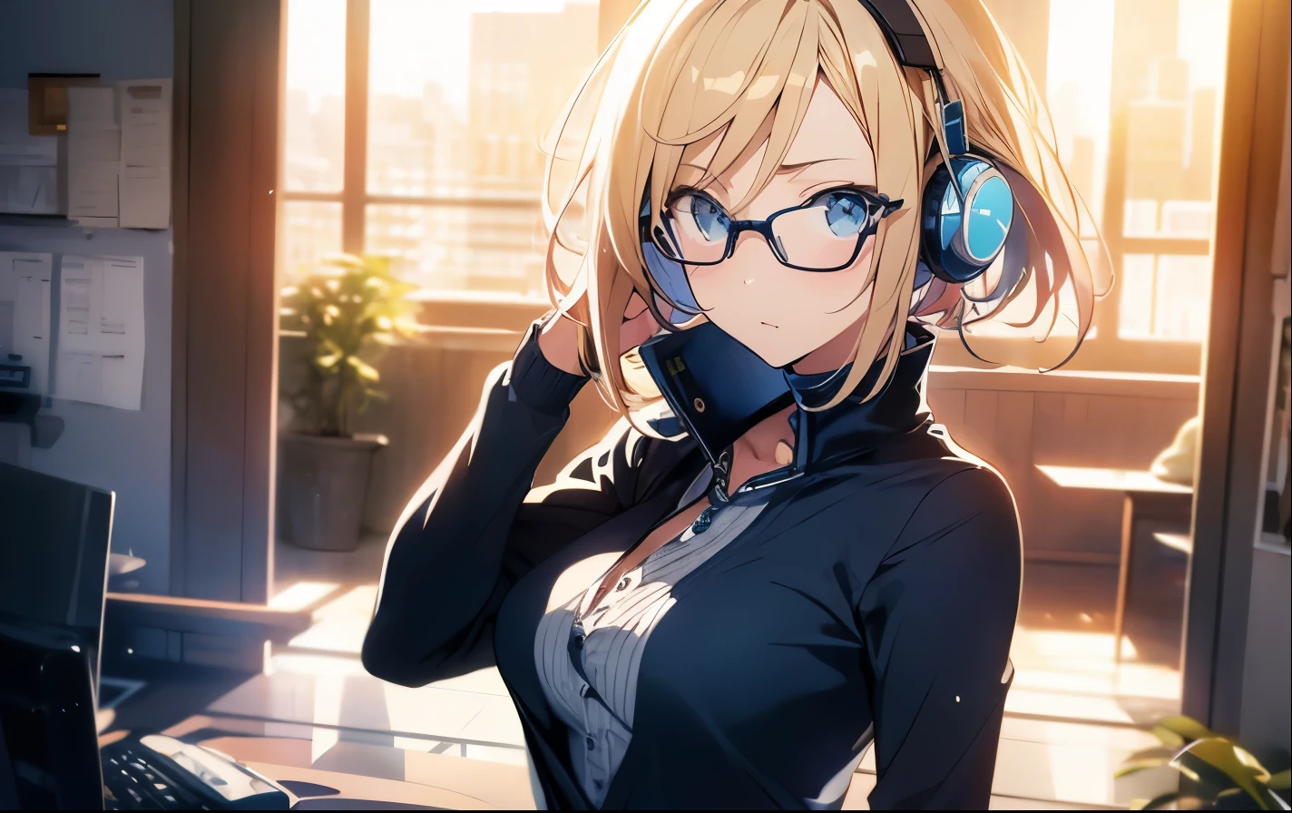 High resolution, 2D anime style,,blue eyes beautiful eyes,high and beautiful nose,thin face,blonde boyish short hair,Cool adult woman,Chest is slightly larger,she looks very happy,biting one&#39;s lips, she was very angry, she wears glasses,she narrows her eyes,Fashion that shows cleavage,I&#39;m studying by the window with earphones in my ears.,London cityscape at night
