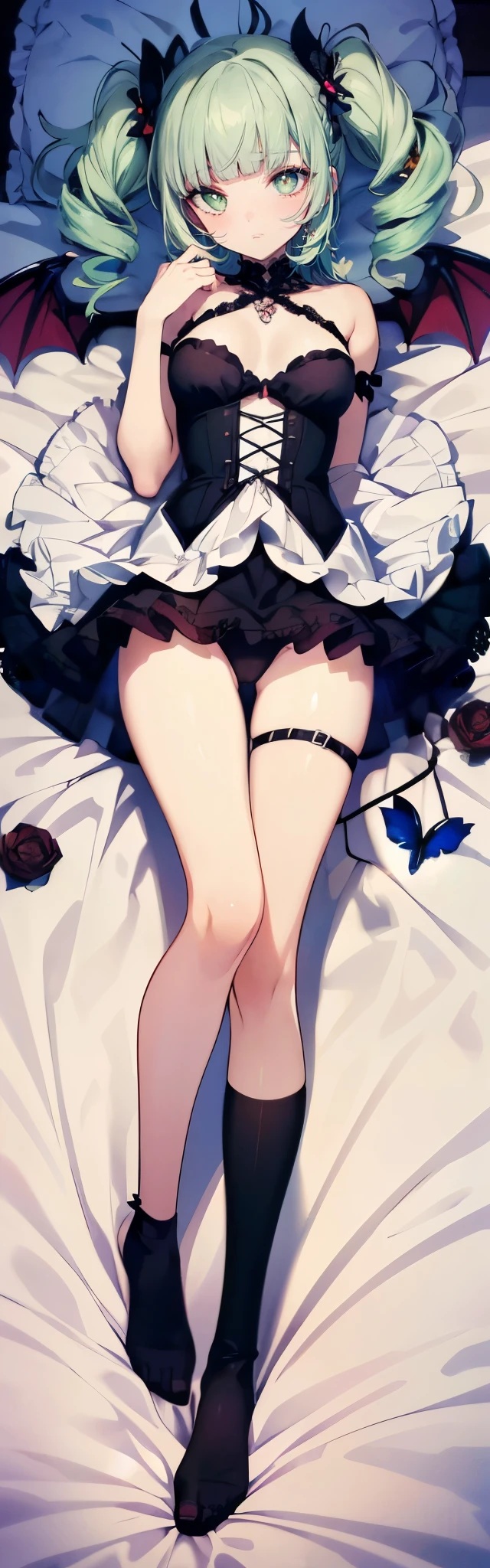 ((anime girl)),(official art),((Yurika Todo)),(Aikatsu!), smile, butterfly hair ornaments, butterfly earrings, green beautiful eyes, No sleeve, red nails, (masterpiece, highest quality, highest quality, official art, beautiful and aesthetic: 1.2), ((Light green hair, twin drill,high short twintail)),(((((blunt bangs))))),4K, hyper hd, white skin, baroque, Gothic ta, race, frills,elegant, Smooth anime CG art, movie lighting, vampire, bat wings, lure,(full body,dakimakura illumination,on the bed、On your back、lying down、beautiful girl)