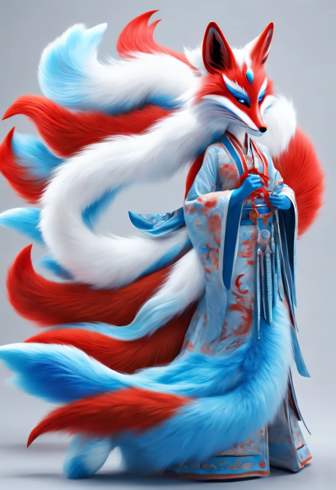 Zbrush style red and blue fashion painting, Oriental style, Soft realism and surreal details, blue and sky blue tones, (A white hair、blue eyes、Fox with nine red tails), Lots of fluffy red tails wrapped around, Ancient Chinese mythical beasts, fantasy,