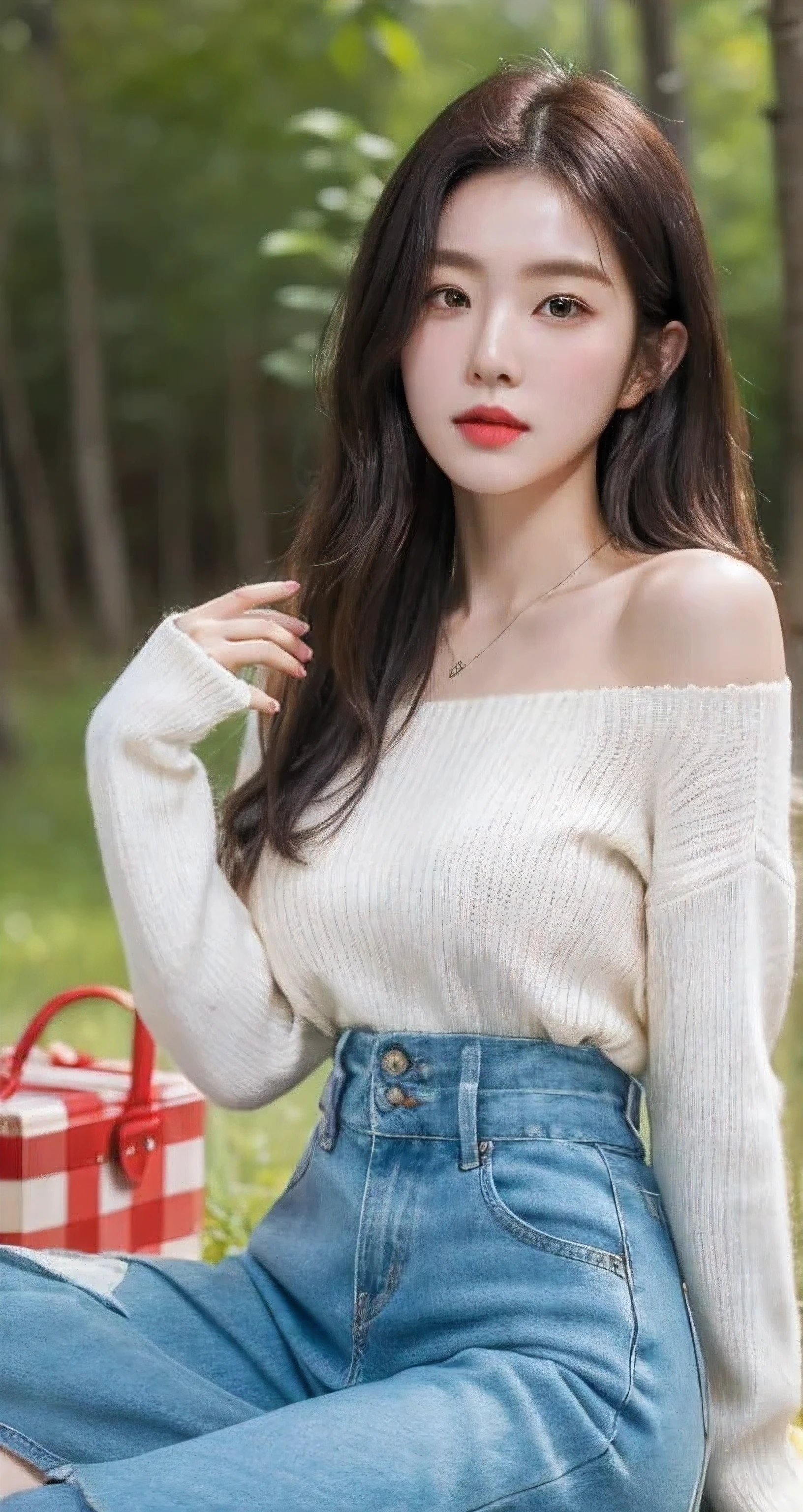 Best Quality Detail:1.2, realisitic, 8K UHD, hight resolution, 1girl in:1.2, The ultra-detailliert, High quality textures, intricate detailes, detaileds, Very detailed CG, High quality shadows, Detail Beautiful delicate face, Detail Beautiful delicate eyes, depth of fields, Ray traching, masterpiece, best quality,ulzzang -6500-v1.1:0.6, pureerosface_v1, Pretty korean Girl, Korean Urzan Face:1.1, milf, 28 year old woman,long neon dark blue hair,shiny_skin,thin_waist,huge breasts,wearing a red lowneck long_sleeve knit sweater and mini plisket, night, eating food, 4K 8K UHD Full Color RAW Photos, Fuji Film(Medium format:1.2), Hasselblad:1.2, Carl zeiss:1.1, Incredible dynamic range photography(UTIL_Art by Smoose-768:1.1), hight resolution, High pixel count, clear details, crisp image, Natural color reproduction, Noise Reduction, High fidelity, qulity, Software Improvements, Upscaling, Optimized algorithms, Pro-level retouching,crowd:1.1,depth of field,looking at viewer,eating at a picnic,random pose sitting at the summer forest picnic ,random pose, picnic in the forest,