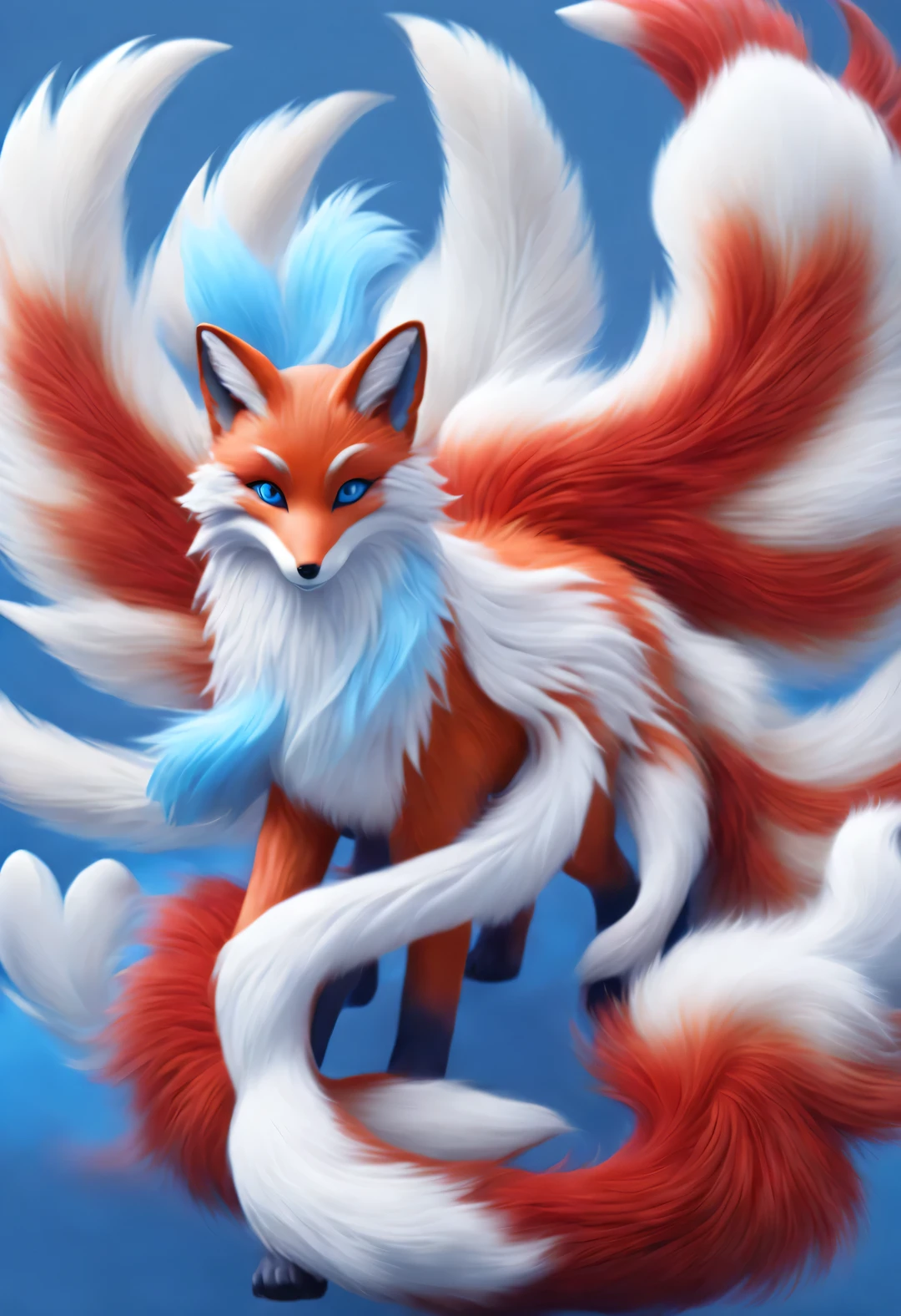 Zbrush style red and blue fashion painting, Oriental style, Soft realism and surreal details, blue and sky blue tones, (A white hair、blue eyes、Fox with nine red tails), Lots of fluffy red tails wrapped around, Ancient Chinese mythical beasts, fantasy,