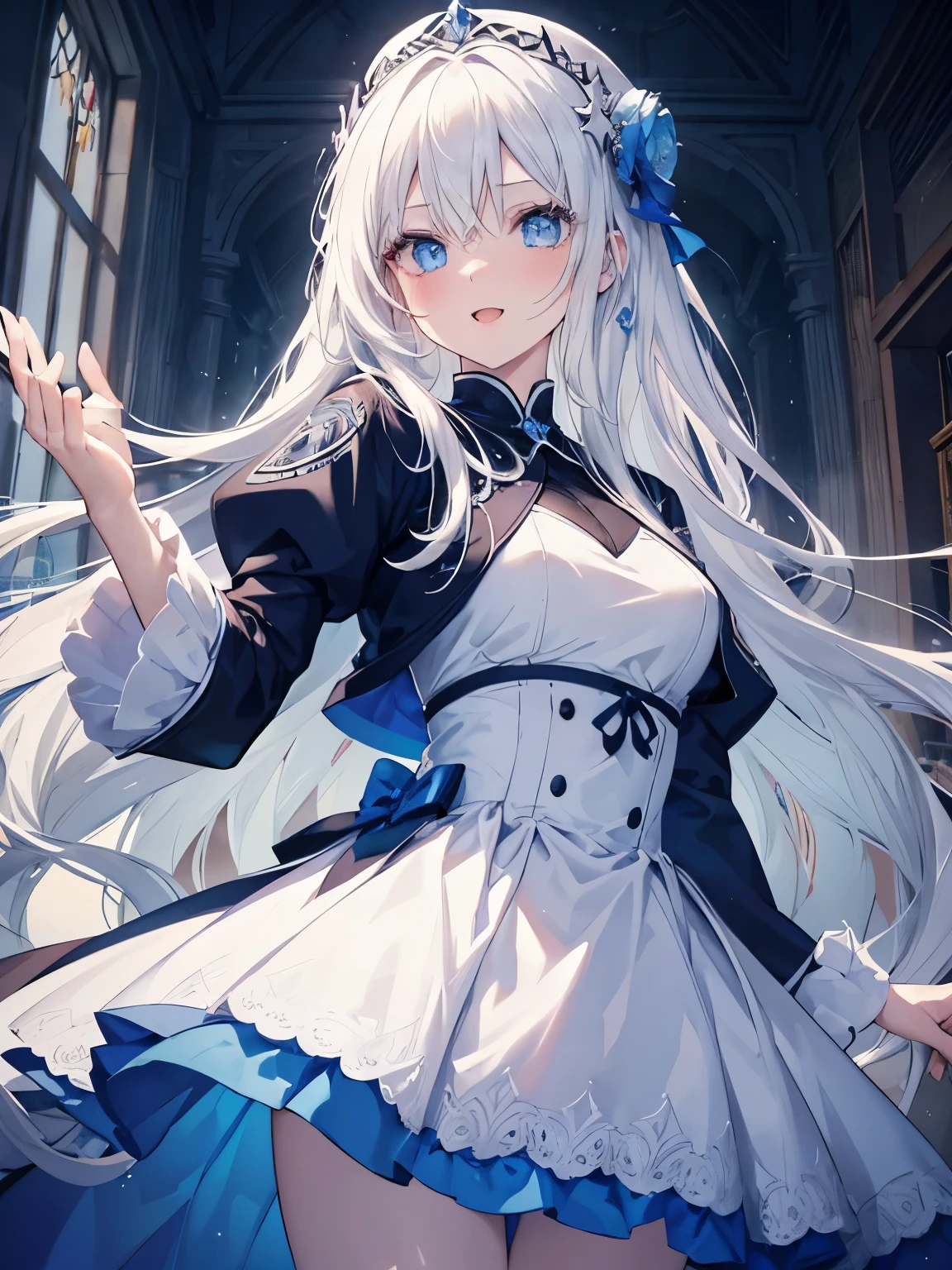 masutepiece, Highest Quality, (Perfect face:1.1), (high detailing:1.1), (ultradetailed eyes), Dramatic, superfine illustration, Extremely detailed, 1girl in,teenager, (pale skin), long white hair, Ethereal eyes, Blue eyes,blush,Solo,Smile, Happy, Laugh, Enjoy, Open mouth, Pouty lips,Cinematic lighting, Looking at Viewer,Cowboy Shot,Long sleeve,Blue Princess dress,indoor,night,dynamic pose,snow,winter