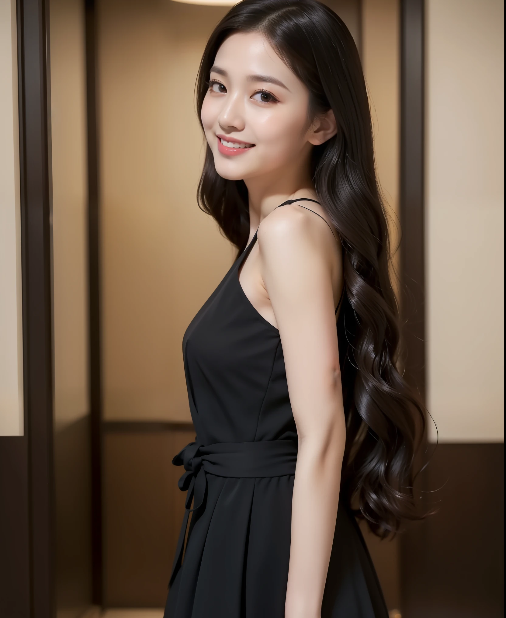 ((highest quality, 8K, masterpiece: 1.3)), beautiful girl, Pure, melon face, kind and cute, sweet smile, Pure desire, slender body, (front), ((looking at camera) ) , wearing a dark gray suit, long smooth black hair, Flowing long shoulders, round black big eyes, clear big eyes, moist red lips, sweet, turn around, Stand in the lobby, background in a hotel, ((((whole body)))),