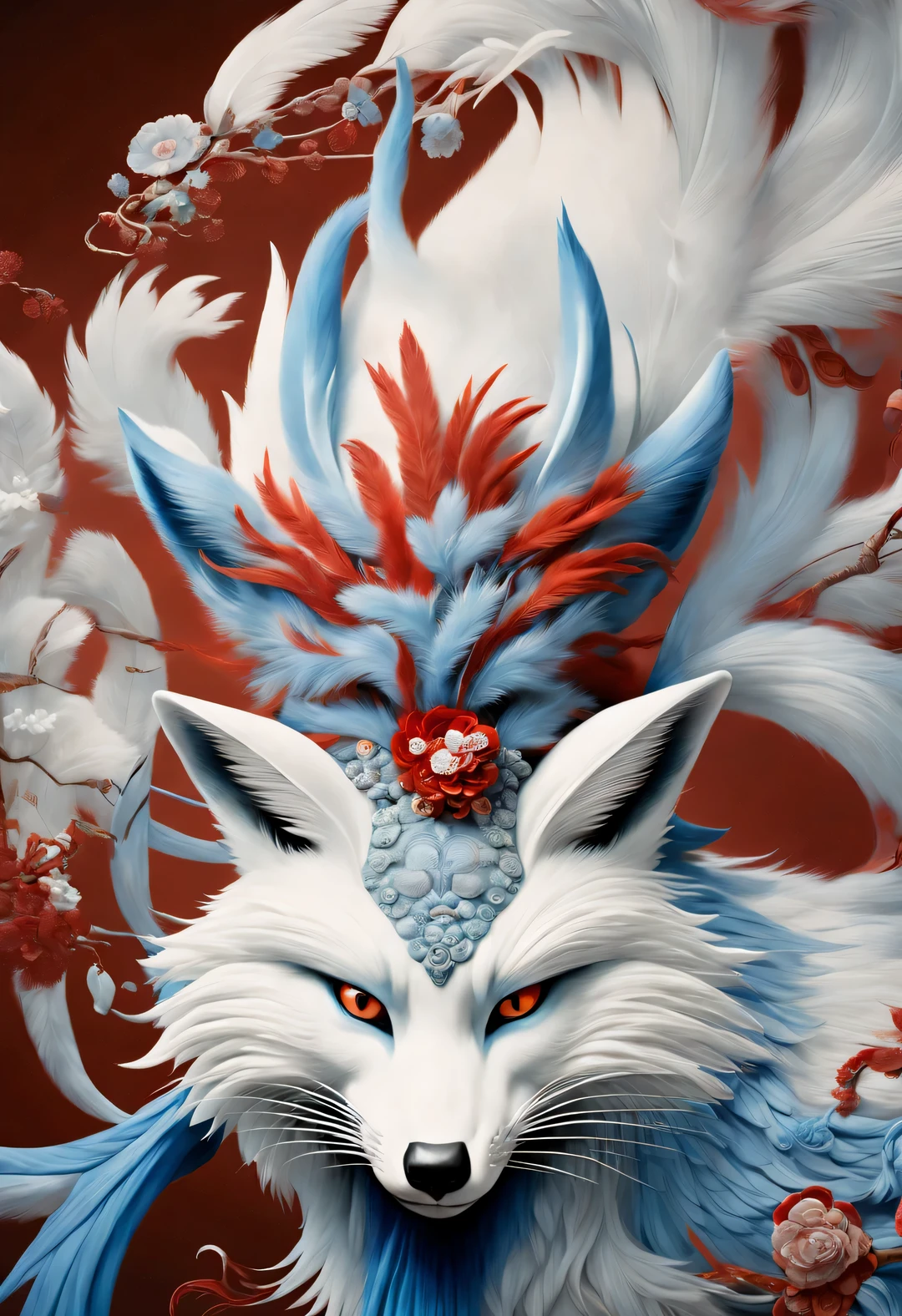 Zbrush style red and blue fashion painting, Oriental style, Soft realism and surreal details, blue and sky blue tones, (A white hair、blue eyes、Fox with nine red tails), Lots of fluffy red tails wrapped around, Ancient Chinese mythical beasts, fantasy,