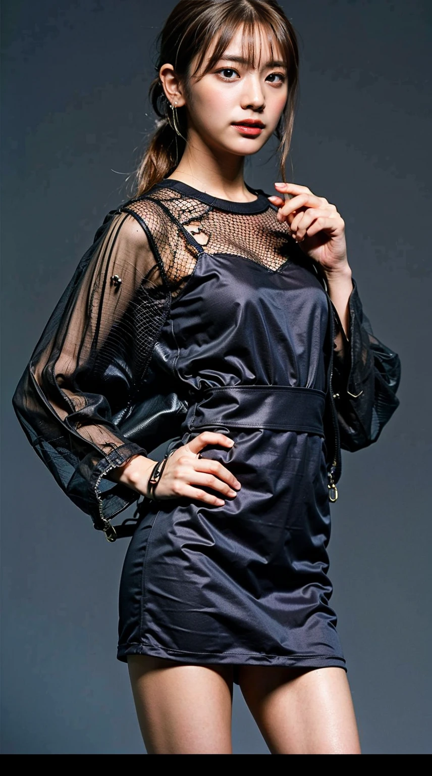 (8K、RAW photo、highest quality、masterpiece:1.2)、(realistic、Photoreal)、1 girl、I have a mole next to my eye、((Black mini dress、black boots、pink coat、Black ribbon at chest））、The skirt is rolled up、gal、lots of eyelashes、glitter on eyelids、black knee high socks、Skeletally correct、thighs open、wavy ponytail、、cute smile、sweaty body、attractive body beautiful perfect body、Beautifully aligned fingertips、Standing with hands on his hip