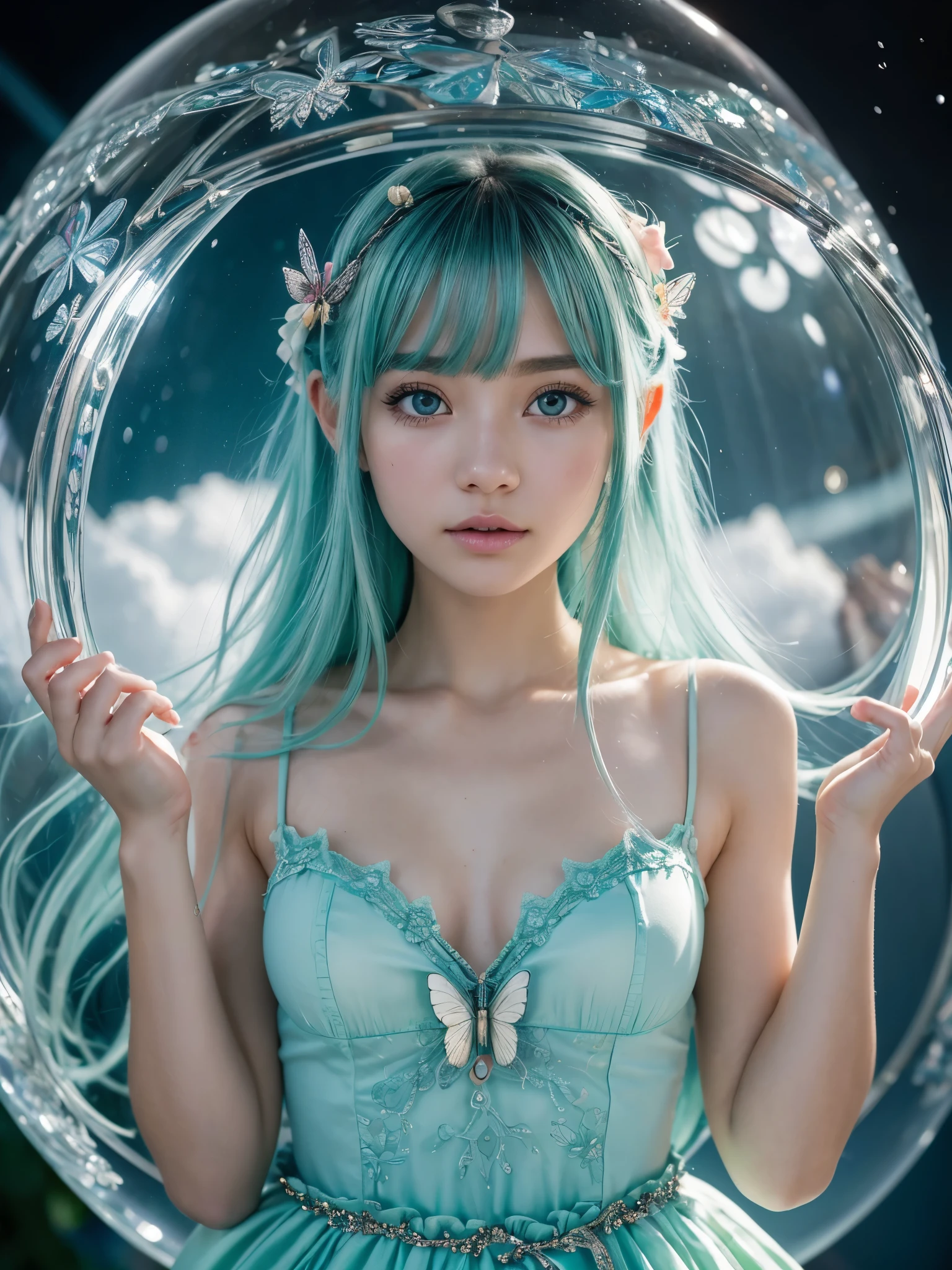 8K、master piece、highest quality、highest level、Highest image quality、muste piece、intricate details、high resolution、depth field、Natural light、professional lighting、wizards wearing robes、((Watching over a large glass sphere 10 meters in diameter))、There is a complicated machine in the room.、(Metal piping is connected to the bottom of the glass bulb.)、(Above the glass sphere is a magic circle that shines blue.)、There is a biotope inside the glass bulb、In the center is a cute fairy child.、5 head child、Particles of light drift around the fairy child、A little fairy with a cute face、(4 butterfly-like wings of light)、(cute:1.2)、Photorealistic anime girl rendering、Realistic anime 3D style、beautiful bright mint green hair、intense green eyes、strong eye highlights、crossed bangs、asymmetrical bangs、stick out ears、eyelashes、One piece with frills、((The entire round shape of the glass sphere is visible in the camera&#39;s viewfinder.))、((ガラスの球のIn the center is a cute fairy .))、((The fairy&#39;s entire body is captured on camera from head to toe.))、