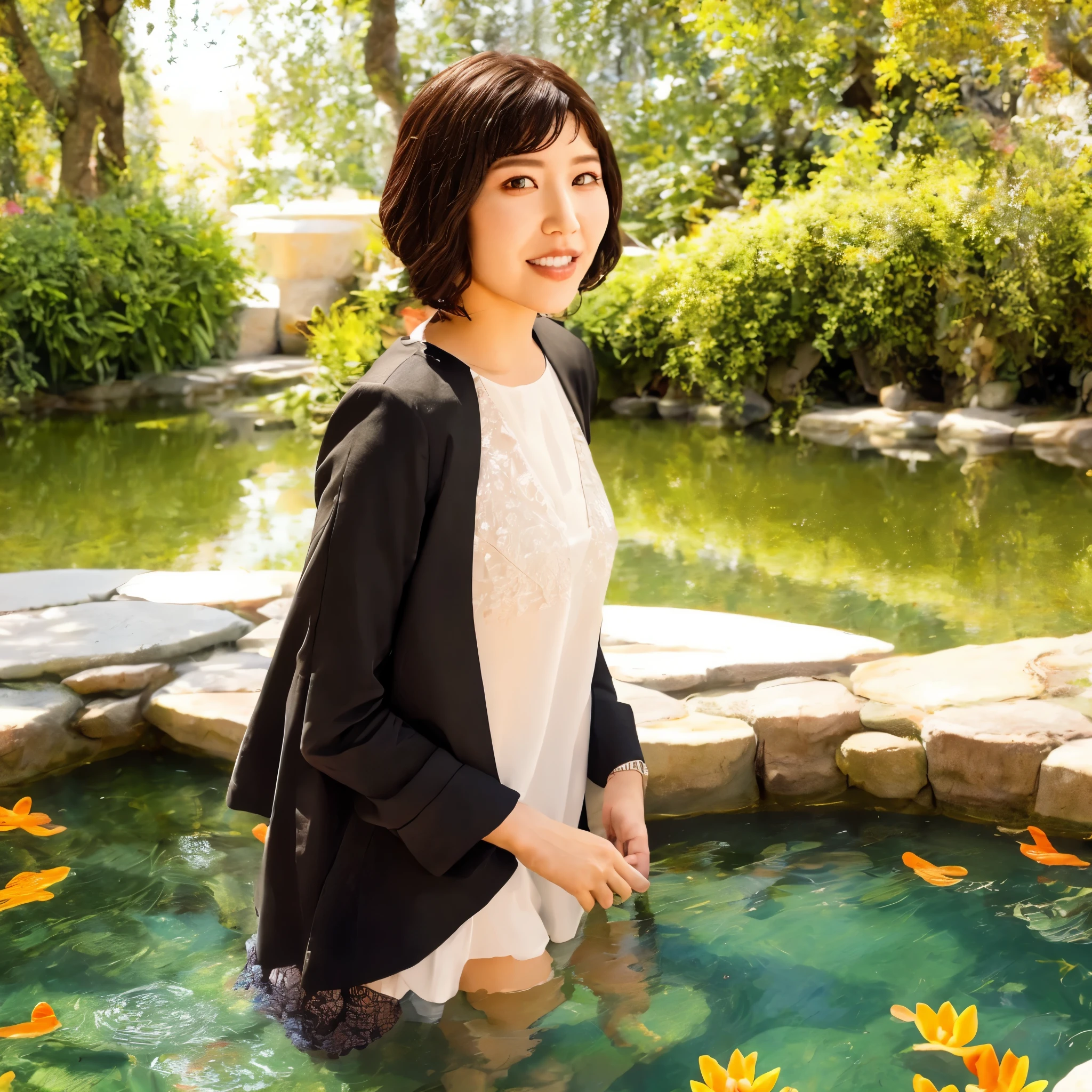 (best quality,4k,8k,highres,masterpiece:1.2),ultra-detailed,(realistic,photorealistic,photo-realistic:1.37),portraits,sharp focus,physically-based rendering,extreme detail description,professional,vivid colors,bokeh,drawings
A girl with a delicate face and beautiful detailed eyes, capturing the viewers' attention immediately. Her long curly hair cascades down her shoulders, adding to her charm. She has a sweet smile with beautiful detailed lips that convey a sense of happiness and innocence.
She is standing in a lush garden, surrounded by vibrant flowers and tall trees. The sunlight streams through the branches and creates a dreamy atmosphere. The flowers are in full bloom, showcasing a colorful palette of pinks, purples, and yellows. The petals are intricately painted, highlighting every delicate detail.
The girl is wearing a flowing dress made of fine silk. The fabric drapes gracefully around her, emphasizing her elegant figure. The dress is adorned with intricate embroidery and delicate lace, adding to its beauty.
In the background, a small pond reflects the surrounding scenery. The water is calm and crystal clear, mirroring the girl's image and adding a sense of serenity to the scene. The pond is home to colorful koi fish, gracefully swimming through the water.
The overall image is of the highest quality, with ultra-detailed features and a photo-realistic rendering. The colors are vivid and lifelike, creating an immersive experience for the viewers. The lighting is carefully crafted, casting soft shadows and enhancing the depth of the image.
The art style of the painting is reminiscent of classic portraits, showcasing the artist's skill and attention to detail. Every brushstroke is visible, creating a sense of texture and adding dimension to the artwork.
The color palette of the painting is warm and inviting, with a slight emphasis on pastel tones. Soft hues of pink, lavender, and golden tones dominate the scene, giving it a gentle and soothing atmosphere.
Overall, the prompt aims to create a visually stunning artwork of a girl in a garden, with a focus on ultra-detailed features, professional rendering, and vibrant colors. The art style is reminiscent of classic portraits, with a touch of contemporary elements.