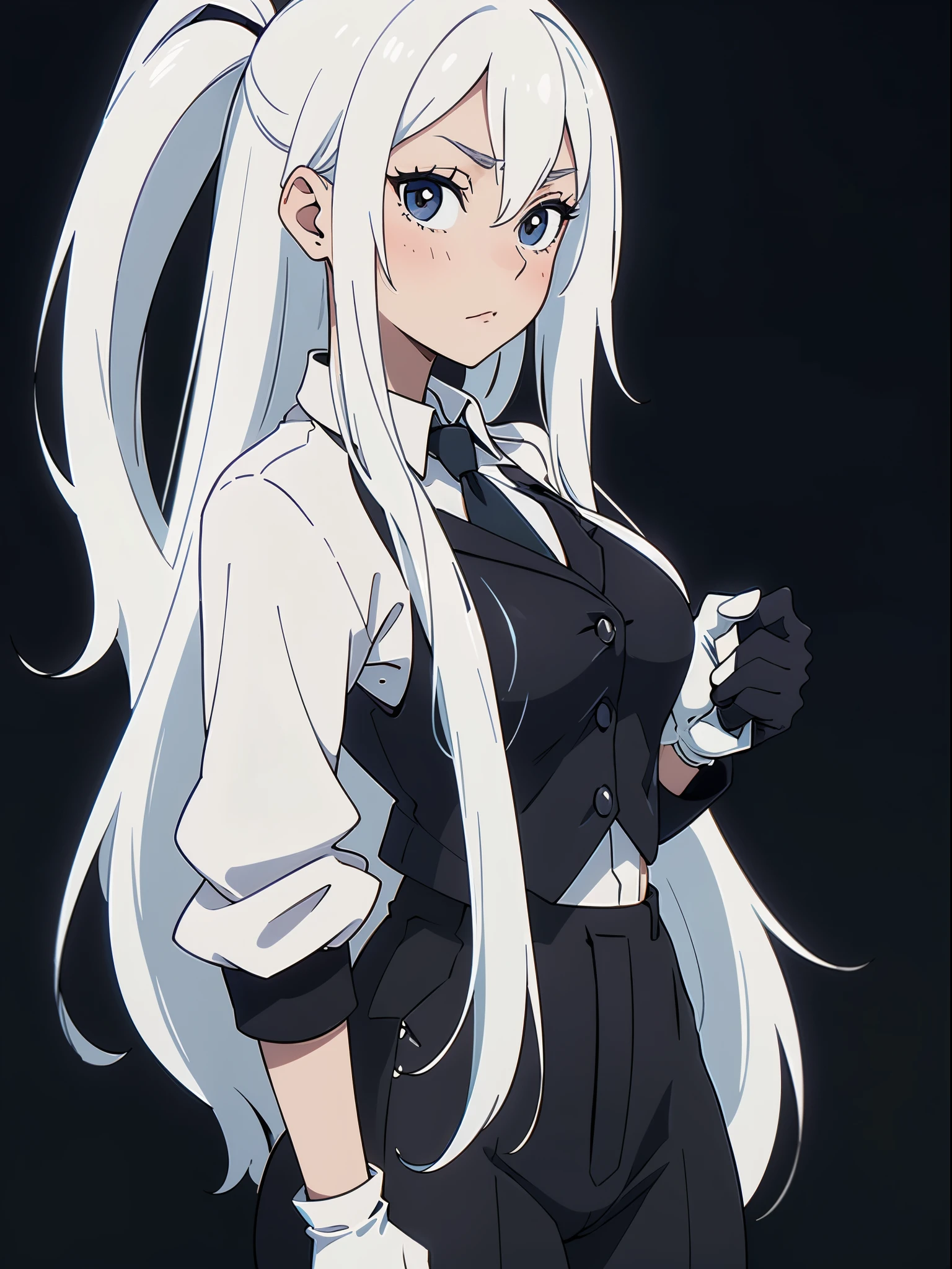 ((White hair)),((Head and Shoulders Image)),(super-long hair),Sexy,A person,Alone,Simple style,pancake ,Simple details,Black background,Empty background,Black background wall,(20 year old woman),(Cotehardie),(White Gloves),Lace Shirt,Waistcoat,((Shy))