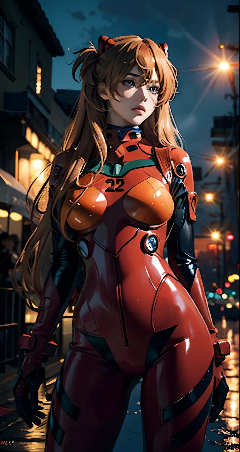 Best quality, Masterpiece, Realistic, photorealistic, 1 girl, One, Looking at the viewer, Whole body, standing, Long hair, asuka Cosplay costume, Cosplay, naked, bodysuit, hair decoration, Details, outdoors, night, light, rain, hairy pussy