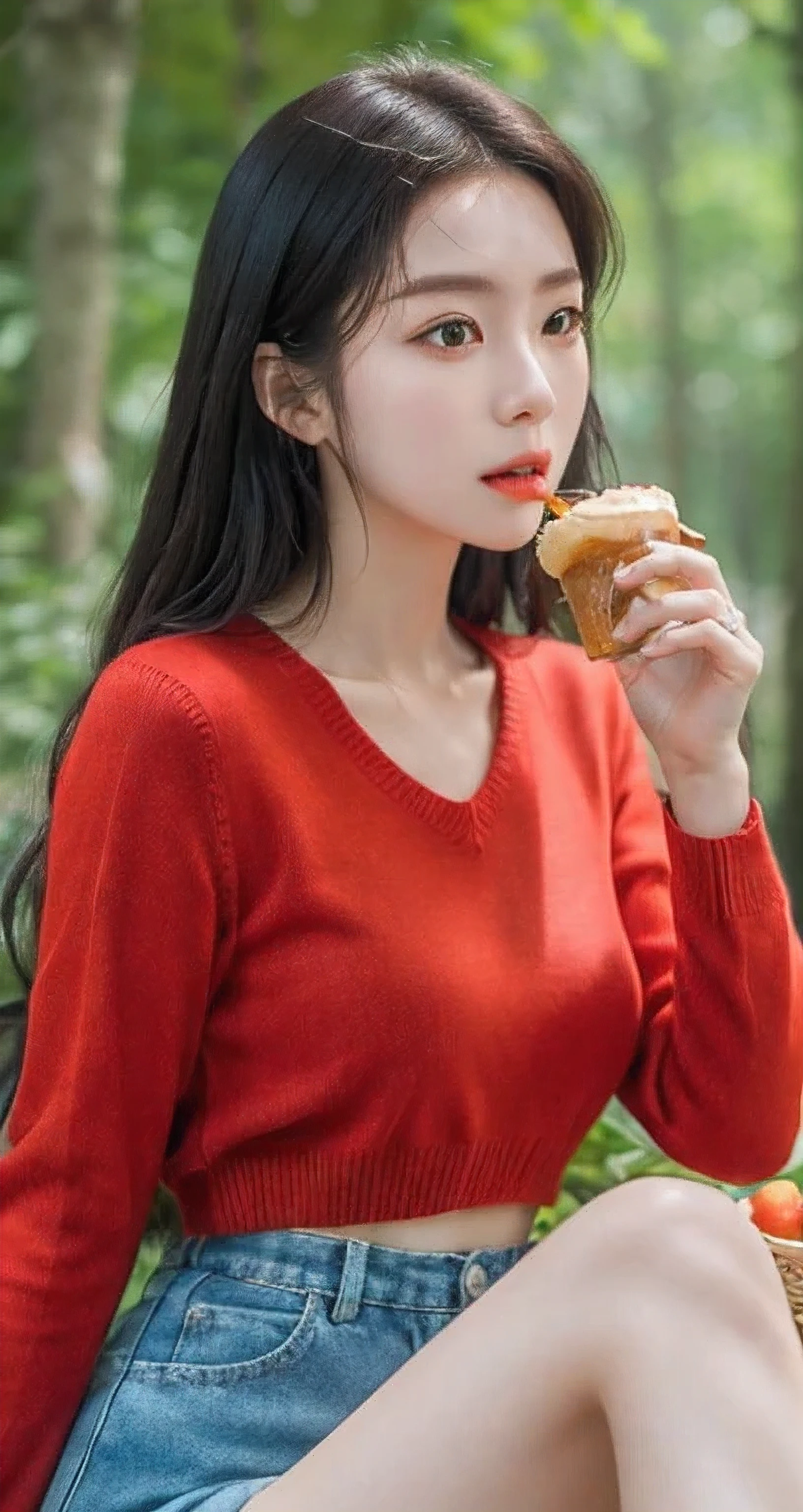 Best Quality Detail:1.2, realisitic, 8K UHD, hight resolution, 1girl in:1.2, The ultra-detailliert, High quality textures, intricate detailes, detaileds, Very detailed CG, High quality shadows, Detail Beautiful delicate face, Detail Beautiful delicate eyes, depth of fields, Ray traching, masterpiece, best quality,ulzzang -6500-v1.1:0.6, pureerosface_v1, Pretty korean Girl, Korean Urzan Face:1.1, milf, 28 year old woman,long neon dark blue hair,shiny_skin,thin_waist,huge breasts,blushing face,wearing a red lowneck long_sleeve knit sweater and mini plisket, night, eating food, 4K 8K UHD Full Color RAW Photos, Fuji Film(Medium format:1.2), Hasselblad:1.2, Carl zeiss:1.1, Incredible dynamic range photography(UTIL_Art by Smoose-768:1.1), hight resolution, High pixel count, clear details, crisp image, Natural color reproduction, Noise Reduction, High fidelity, qulity, Software Improvements, Upscaling, Optimized algorithms, Pro-level retouching,crowd:1.1,depth of field,looking at viewer,eating at a picnic,random pose sitting at the summer forest picnic ,random pose, picnic in the forest,