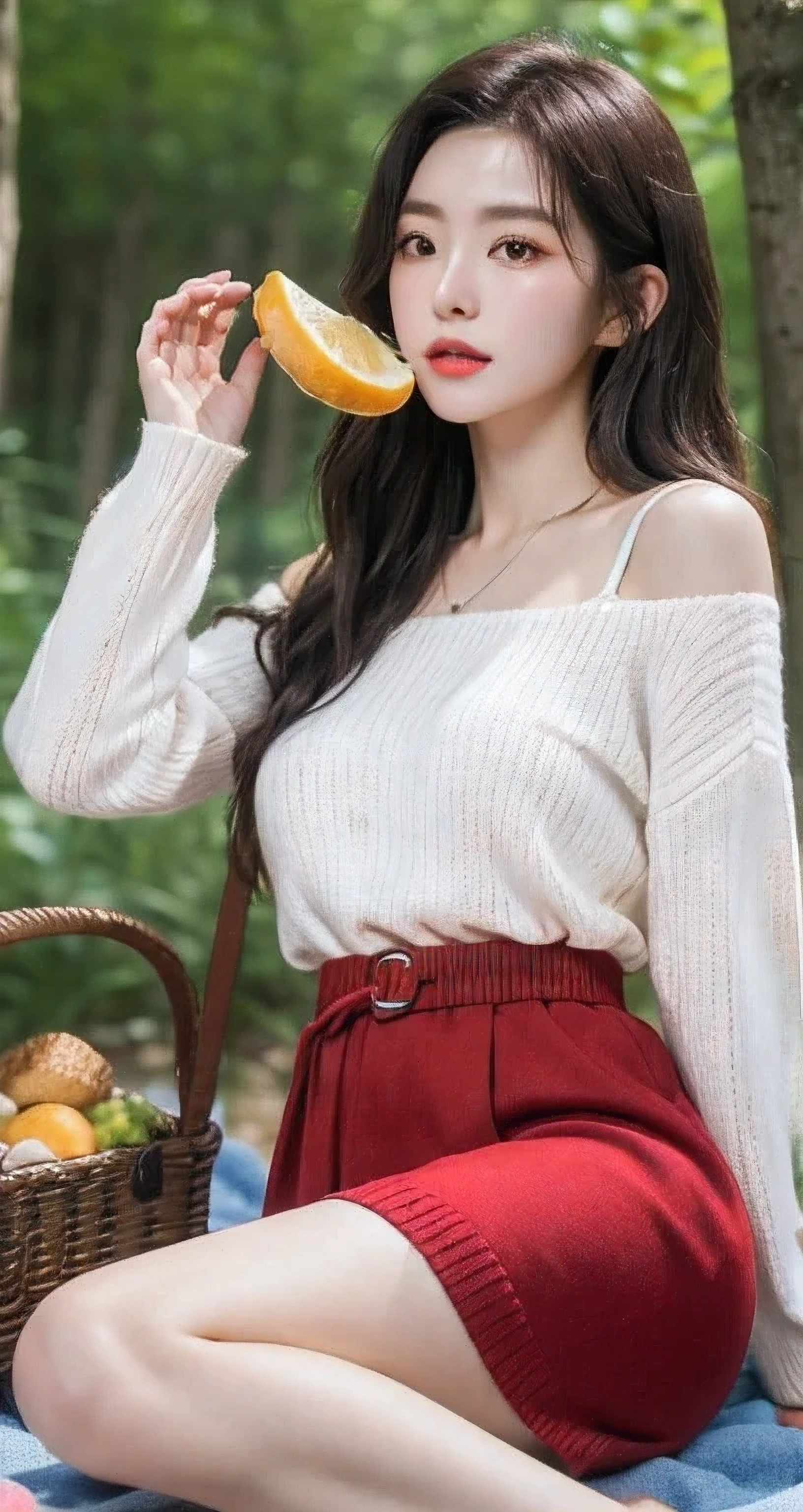 Best Quality Detail:1.2, realisitic, 8K UHD, hight resolution, 1girl in:1.2, The ultra-detailliert, High quality textures, intricate detailes, detaileds, Very detailed CG, High quality shadows, Detail Beautiful delicate face, Detail Beautiful delicate eyes, depth of fields, Ray traching, masterpiece, best quality,ulzzang -6500-v1.1:0.6, pureerosface_v1, Pretty korean Girl, Korean Urzan Face:1.1, milf, 28 year old woman,long neon dark blue hair,shiny_skin,thin_waist,huge breasts,blushing face,wearing a red lowneck long_sleeve knit sweater and mini plisket, night, eating food, 4K 8K UHD Full Color RAW Photos, Fuji Film(Medium format:1.2), Hasselblad:1.2, Carl zeiss:1.1, Incredible dynamic range photography(UTIL_Art by Smoose-768:1.1), hight resolution, High pixel count, clear details, crisp image, Natural color reproduction, Noise Reduction, High fidelity, qulity, Software Improvements, Upscaling, Optimized algorithms, Pro-level retouching,crowd:1.1,depth of field,looking at viewer,eating at a picnic,random pose sitting at the summer forest picnic ,random pose, picnic in the forest,