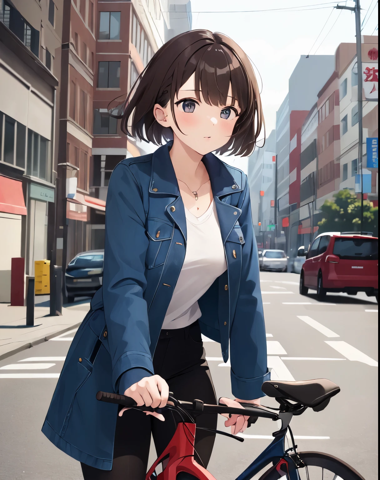 (((masterpiece))), Shizuka Mikazuki, 1 girl, alone, looking at the audience, short hair, brown hair, long sleeves, split, medium breasts, Keep your mouth shut, clavicle, jacket, open clothes, open jacket, blue jacket, groundvehicle, exercise well, bikes,nude，Undressed