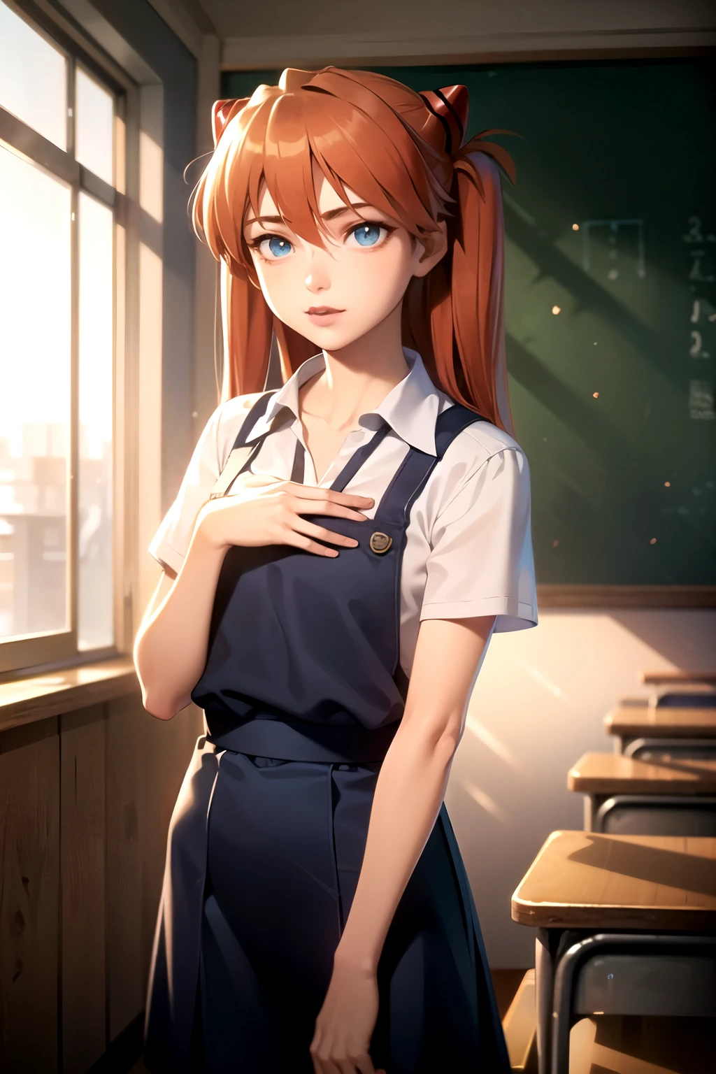 asukalangley, asuka langley soryu, (souryuu asuka langley:1.5), blue eyes, hair between eyes, headgear, interface headset, orange hair, two side up, BREAK blue dress, collarbone, dress, neck ribbon, pinafore dress, red ribbon, ribbon, school uniform, shirt, short sleeves, (tokyo-3 middle school uniform:1.5), suspenders, suspender skirt, white shirt, BREAK indoors, classroom, BREAK looking at viewer, (cowboy shot:1.5), BREAK (masterpiece:1.2), best quality, high resolution, unity 8k wallpaper, (illustration:0.8), (beautiful detailed eyes:1.6), extremely detailed face, perfect lighting, extremely detailed CG, (perfect hands, perfect anatomy),