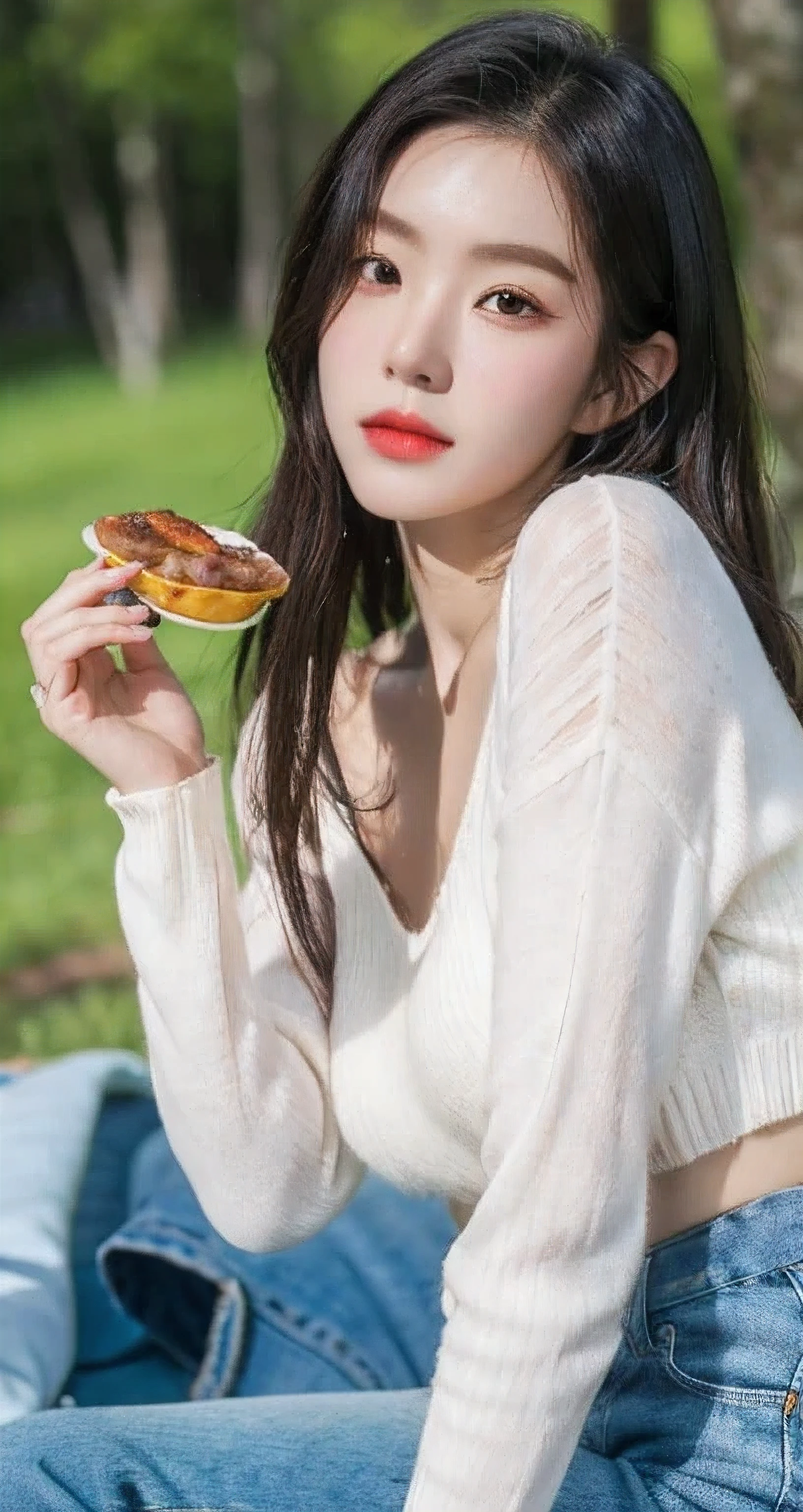 Best Quality Detail:1.2, realisitic, 8K UHD, hight resolution, 1girl in:1.2, The ultra-detailliert, High quality textures, intricate detailes, detaileds, Very detailed CG, High quality shadows, Detail Beautiful delicate face, Detail Beautiful delicate eyes, depth of fields, Ray traching, masterpiece, best quality,ulzzang -6500-v1.1:0.6, pureerosface_v1, Pretty korean Girl, Korean Urzan Face:1.1, milf, 28 year old woman,long neon dark blue hair,shiny_skin,thin_waist,huge breasts,blushing face,wearing a red lowneck long_sleeve knit sweater and mini plisket, night, eating food, 4K 8K UHD Full Color RAW Photos, Fuji Film(Medium format:1.2), Hasselblad:1.2, Carl zeiss:1.1, Incredible dynamic range photography(UTIL_Art by Smoose-768:1.1), hight resolution, High pixel count, clear details, crisp image, Natural color reproduction, Noise Reduction, High fidelity, qulity, Software Improvements, Upscaling, Optimized algorithms, Pro-level retouching,crowd:1.1,depth of field,looking at viewer,eating at a picnic,random pose sitting at the summer forest picnic ,random pose, picnic in the forest,
