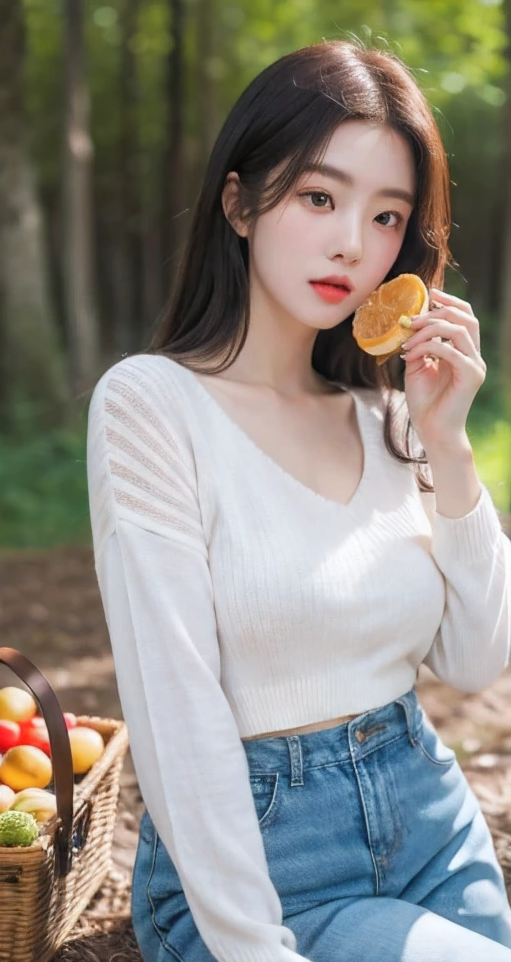 Best Quality Detail:1.2, realisitic, 8K UHD, hight resolution, 1girl in:1.2, The ultra-detailliert, High quality textures, intricate detailes, detaileds, Very detailed CG, High quality shadows, Detail Beautiful delicate face, Detail Beautiful delicate eyes, depth of fields, Ray traching, masterpiece, best quality,ulzzang -6500-v1.1:0.6, pureerosface_v1, Pretty korean Girl, Korean Urzan Face:1.1, milf, 28 year old woman,long neon dark blue hair,shiny_skin,thin_waist,huge breasts,blushing face,wearing a red lowneck long_sleeve knit sweater and mini plisket, night, eating food, 4K 8K UHD Full Color RAW Photos, Fuji Film(Medium format:1.2), Hasselblad:1.2, Carl zeiss:1.1, Incredible dynamic range photography(UTIL_Art by Smoose-768:1.1), hight resolution, High pixel count, clear details, crisp image, Natural color reproduction, Noise Reduction, High fidelity, qulity, Software Improvements, Upscaling, Optimized algorithms, Pro-level retouching,crowd:1.1,depth of field,looking at viewer,eating at a picnic,random pose sitting at the summer forest picnic ,random pose, picnic in the forest,