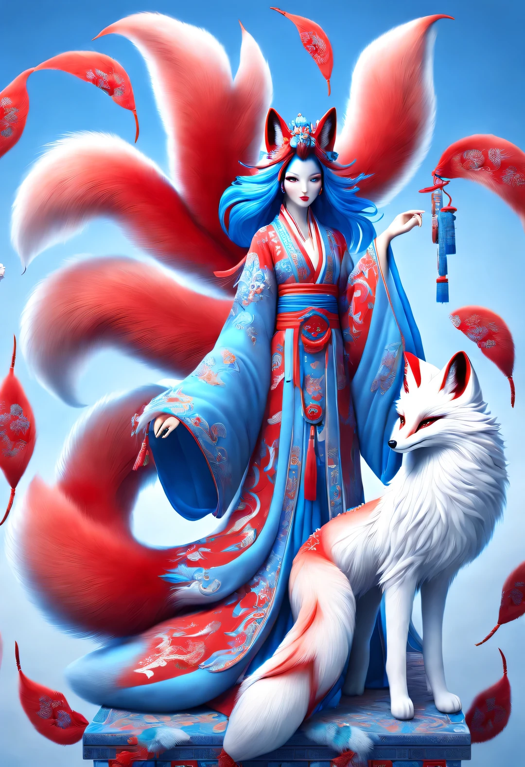 Zbrush style red and blue fashion painting, Oriental style, Soft realism and surreal details, blue and sky blue tones, (A white hair、blue eyes、Fox with nine red tails), Lots of fluffy red tails wrapped around, Ancient Chinese mythical beasts, fantasy,