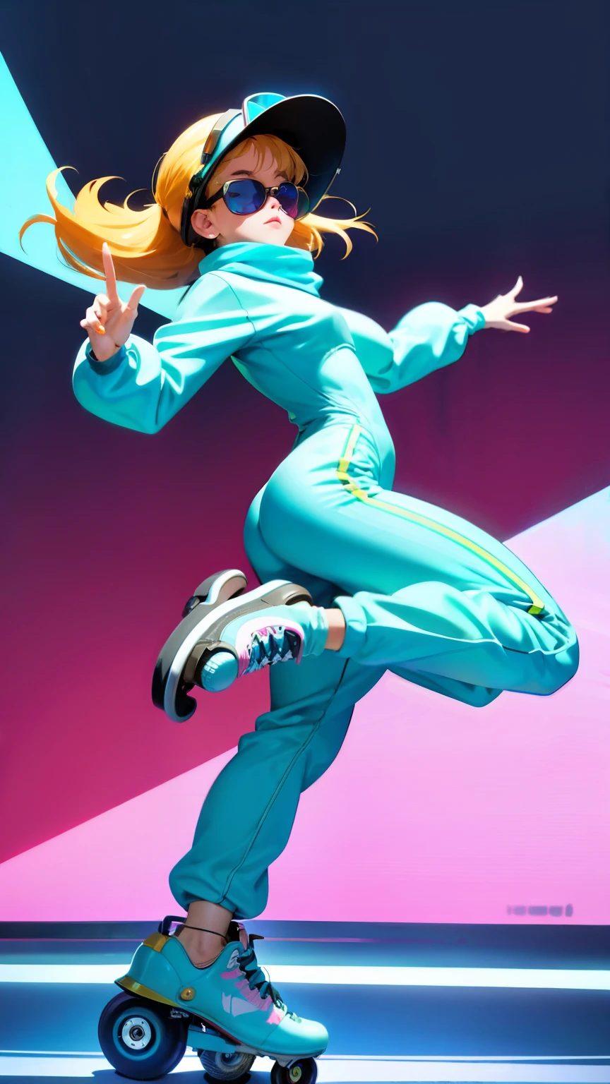 (ultra detailed,ultra high res,detailed background),((2D)),((flat color)),((muted color)),((floating neon)),1girl,solo,looking at viewer, spray paint, graffiti, girl in a white fencing suit, long plush scarf, full body image, adult woman, anatomically perfect face, face in focus, symmetrical face, (rollerskates: 1.3), wearing a 1950's scifi helmet with a visor, wearing big amber sunglasses