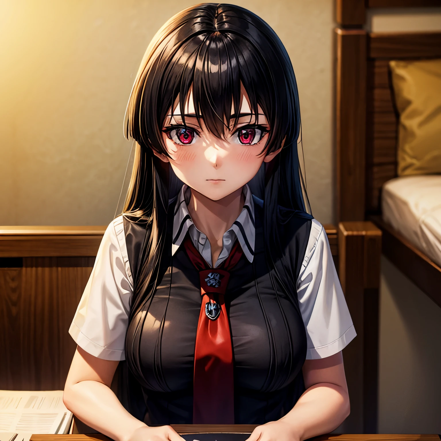 anime girl in black school uniform and red tie, best quality, high resolution, very smooth texture, cute and beautiful facial details, long black hair, big red eyes, eye liner, double eyelids, big breasts.