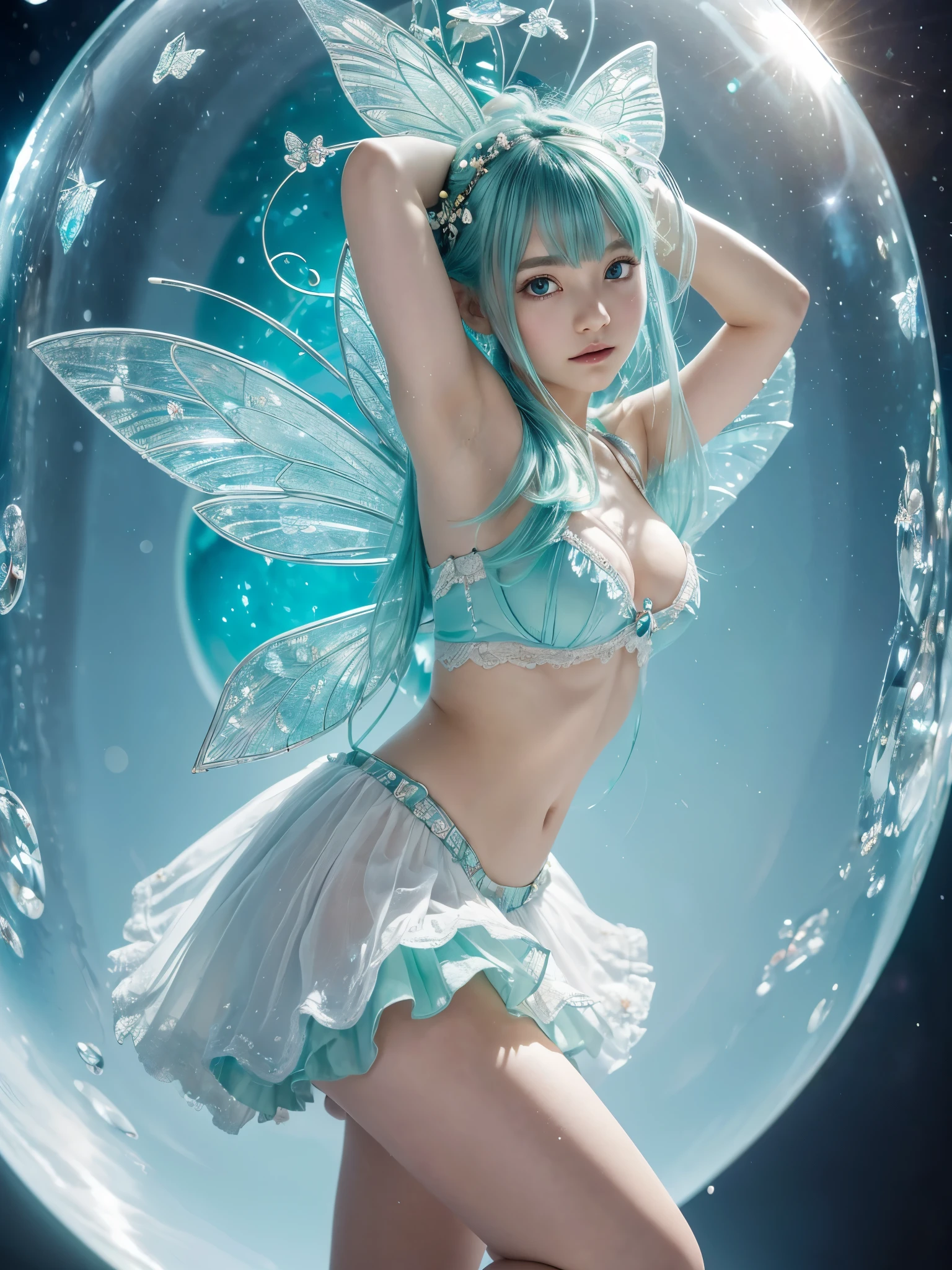8K、master piece、highest quality、highest level、Highest image quality、muste piece、intricate details、high resolution、depth field、Natural light、professional lighting、((There is a large glass sphere with a diameter of 10 meters in the room.))、(Metal piping is connected to the bottom of the glass bulb.)、(Above the glass sphere is a magic circle that shines blue.)、There is a biotope inside the glass bulb、In the center is a cute fairy child.、5 head child、Particles of light drift around the fairy child、A little fairy with a cute face、(Four butterfly-like light wings symmetrically centered on the back)、(cute:1.2)、((very small breasts))、Photorealistic anime girl rendering、Realistic anime 3D style、beautiful bright mint green hair、intense green eyes、strong eye highlights、crossed bangs、asymmetrical bangs、stick out ears、eyelashes、One piece with frills、((The entire round shape of the glass sphere is visible in the camera's viewfinder.))、((ガラスの球のIn the center is a cute fairy .、Dance Dance))、((The fairy's entire body is captured on camera from head to toe.))、