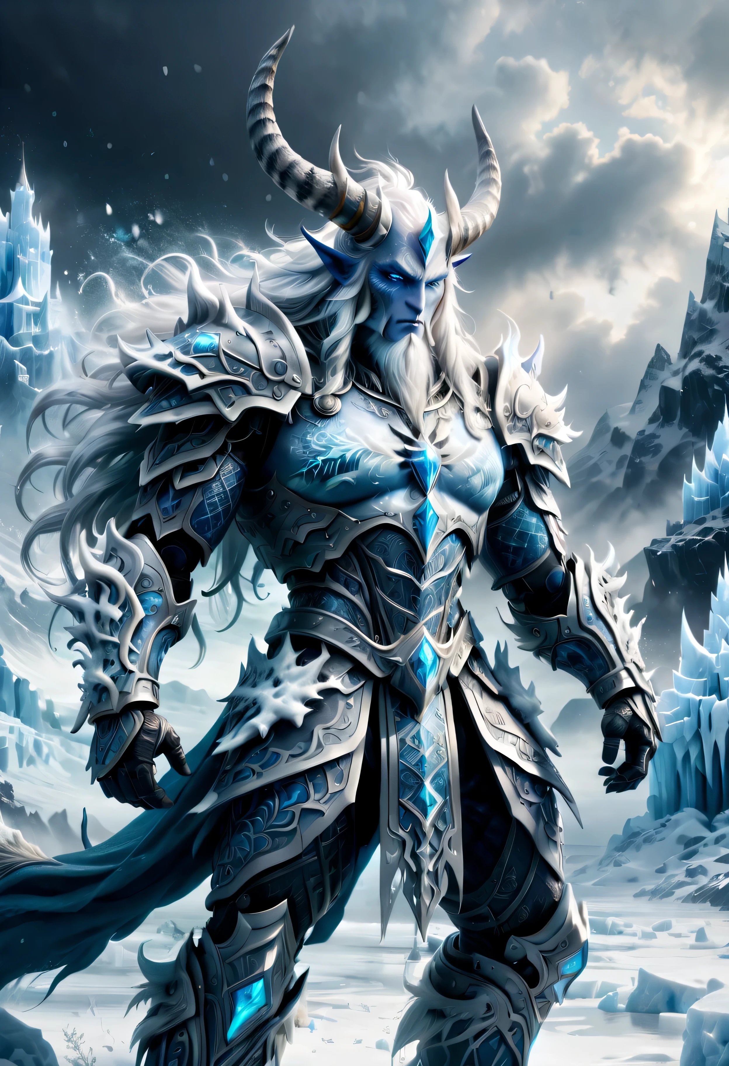 (best quality,ultra-detailed,realistic:1.37),portrait,icy blue tones,cold lighting,frozen landscape,sharp focus,long white hair,snowflake patterns,glowing blue eyes,majestic horns,noble expression,powerful build,ancient symbol tattooed on the arm,cracked ice armor,aurora borealis in the background,subtle frosty breath,stormy clouds,epic battle between gods and giants,dramatic atmosphere,luminous sword,mythical artifacts,epic proportions,mythical heroism,divine power,mythical beings,stormy seas,huge ice palace,authoritative presence,stoic demeanor,legendary weapon,mythical creature