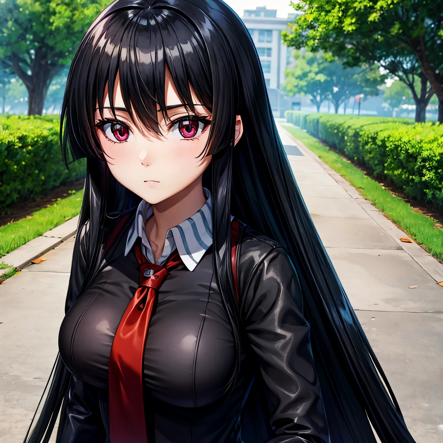 anime girl in black school uniform and red tie, best quality, high resolution, very smooth texture, cute and beautiful facial details, long black hair, big red eyes, eye liner, double eyelids, big breasts.