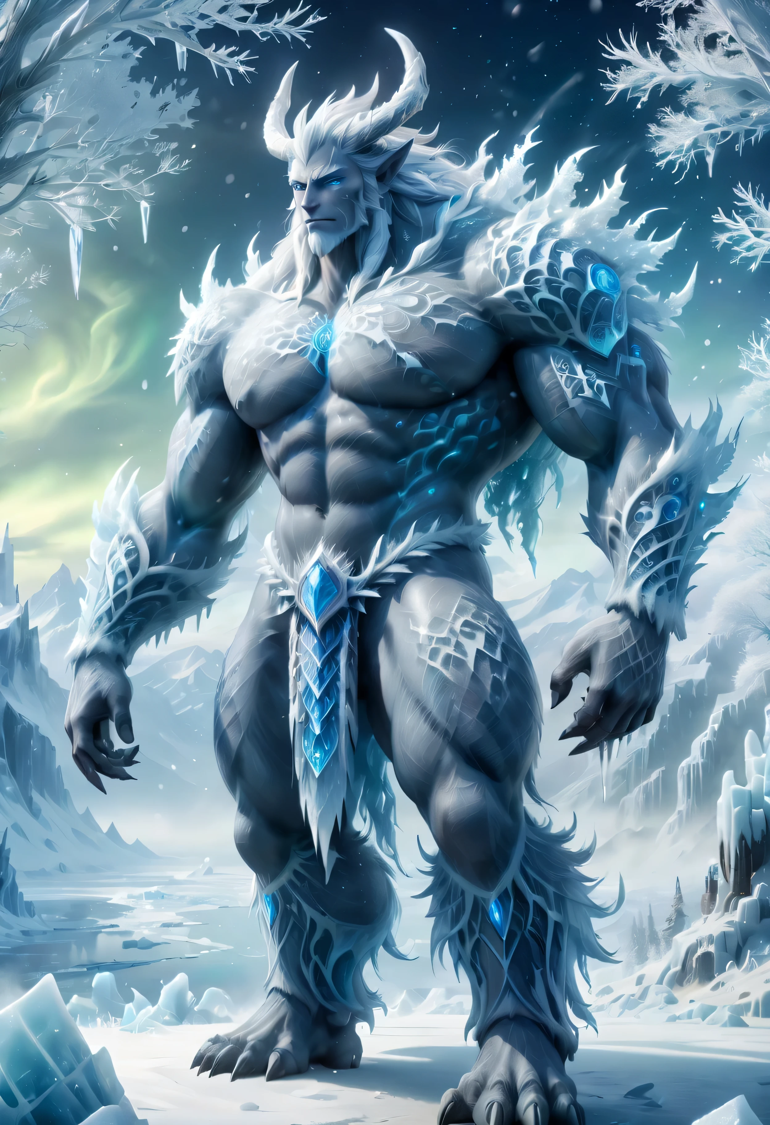 (best quality,highres:1.2),ultra-detailed,realistic:1.37,Ymir,white icy skin,glowing blue eyes,frosted hair,massive and muscular body,aurora borealis surrounding Ymir,sparkling ice crystals all over the body,gentle smile,soft expression,snowflakes falling from the sky,giant's hand causing frost on trees,cold and frosty atmosphere,subtle icy breath,blizzard swirling in the background,majestic and powerful presence,icy landscapes stretching into the distance,ancient runes carved into the ice,ice shards floating in the air,magical energy emanating from Ymir,crackling ice formations,winter winds howling,ethereal and otherworldly appearance,Norse symbols and artifacts scattered around Ymir,glowing frosty aura,mythical and majestic creature,standing amidst a frozen kingdom.