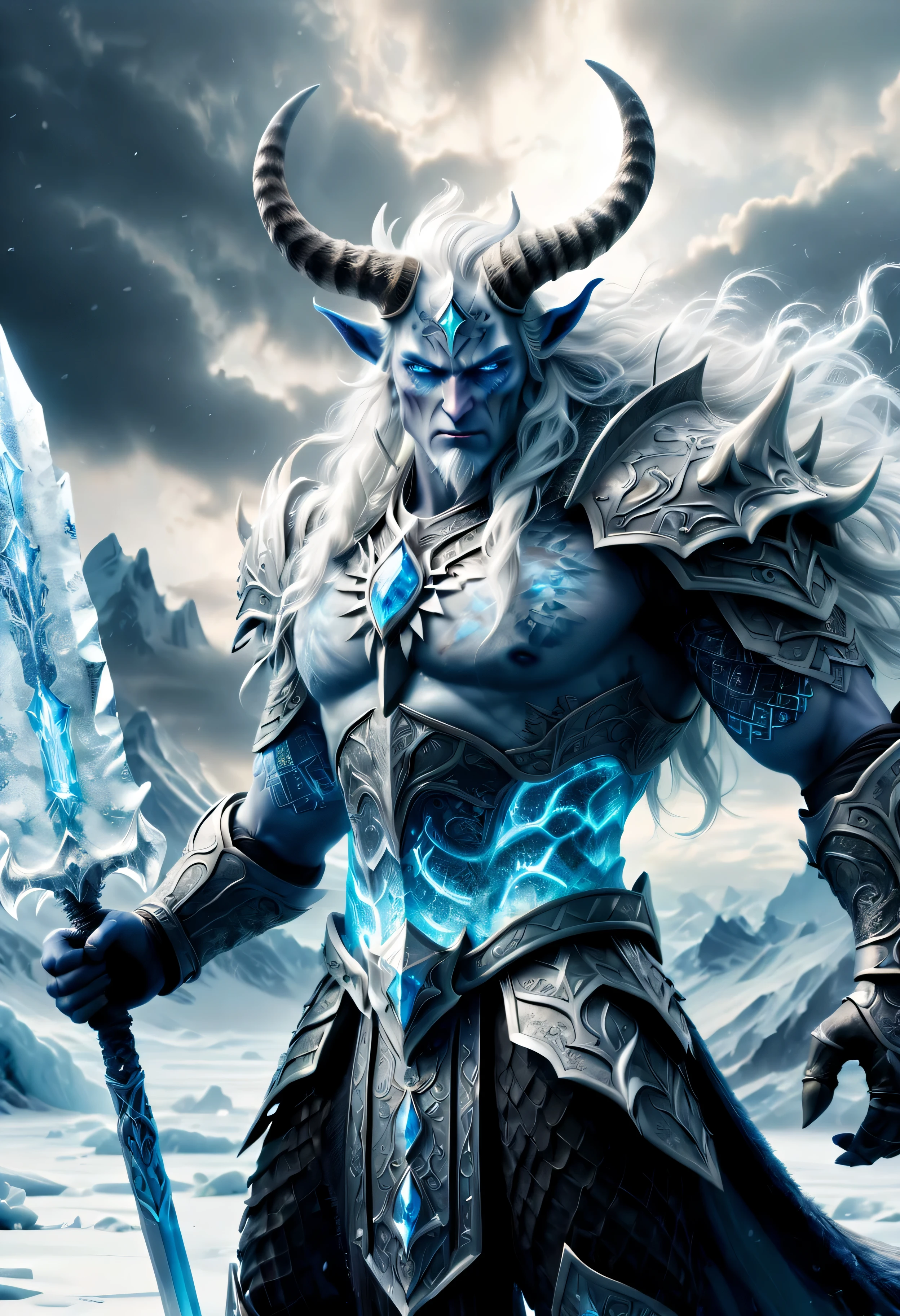 (best quality,ultra-detailed,realistic:1.37),portrait,icy blue tones,cold lighting,frozen landscape,sharp focus,long white hair,snowflake patterns,glowing blue eyes,majestic horns,noble expression,powerful build,ancient symbol tattooed on the arm,cracked ice armor,aurora borealis in the background,subtle frosty breath,stormy clouds,epic battle between gods and giants,dramatic atmosphere,luminous sword,mythical artifacts,epic proportions,mythical heroism,divine power,mythical beings,stormy seas,huge ice palace,authoritative presence,stoic demeanor,legendary weapon,mythical creature