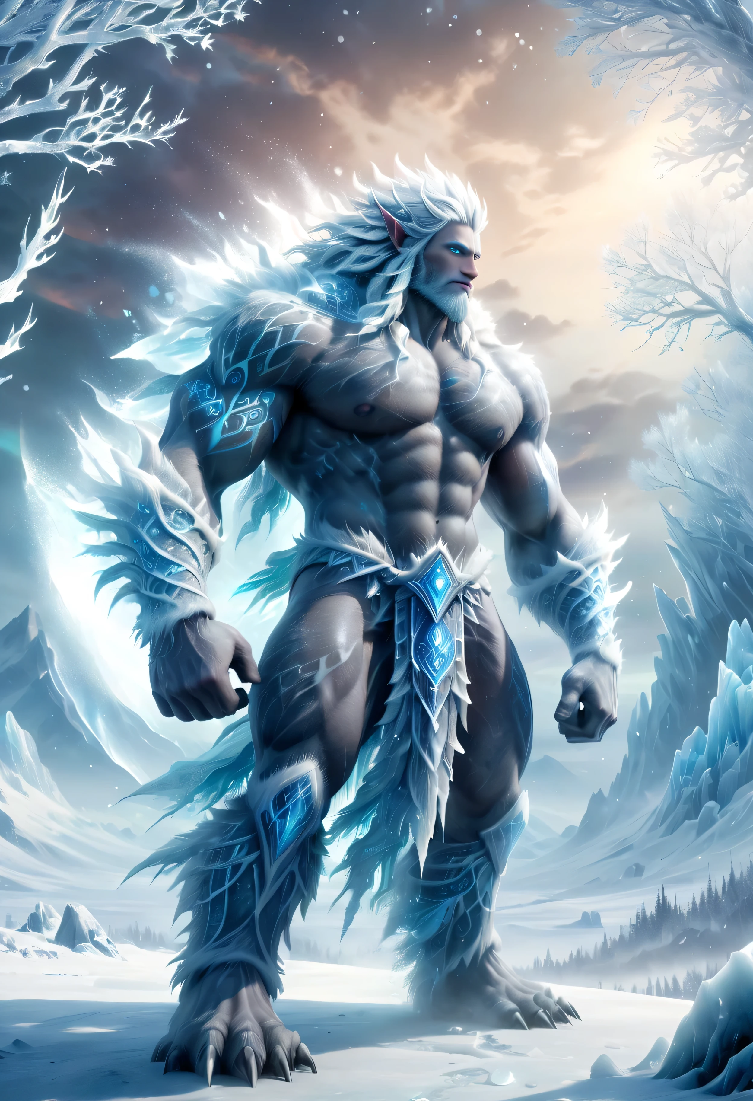 (best quality,highres:1.2),ultra-detailed,realistic:1.37,Ymir,white icy skin,glowing blue eyes,frosted hair,massive and muscular body,aurora borealis surrounding Ymir,sparkling ice crystals all over the body,gentle smile,soft expression,snowflakes falling from the sky,giant's hand causing frost on trees,cold and frosty atmosphere,subtle icy breath,blizzard swirling in the background,majestic and powerful presence,icy landscapes stretching into the distance,ancient runes carved into the ice,ice shards floating in the air,magical energy emanating from Ymir,crackling ice formations,winter winds howling,ethereal and otherworldly appearance,Norse symbols and artifacts scattered around Ymir,glowing frosty aura,mythical and majestic creature,standing amidst a frozen kingdom.