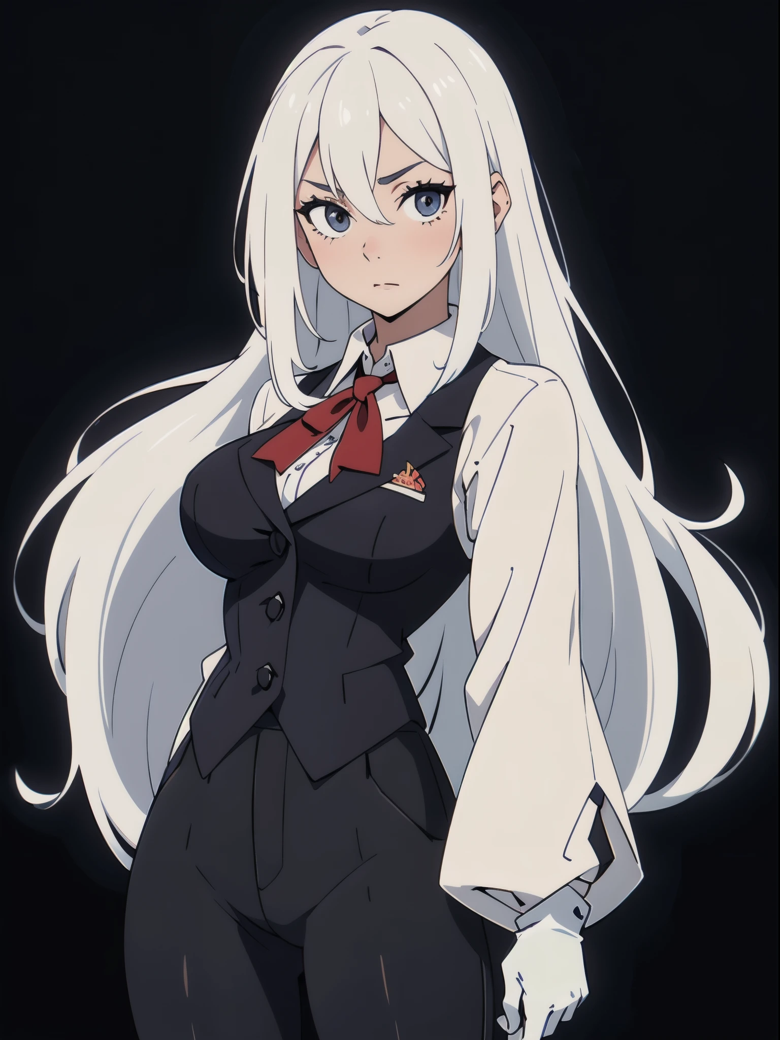 ((White hair)),((Head and Shoulders Image)),(super-long hair),Sexy,A person,Alone,Simple style,pancake ,Simple details,Black background,Empty background,Black background wall,(20 year old woman),(Cotehardie),(White Gloves),Lace Shirt,Waistcoat,((Shy))