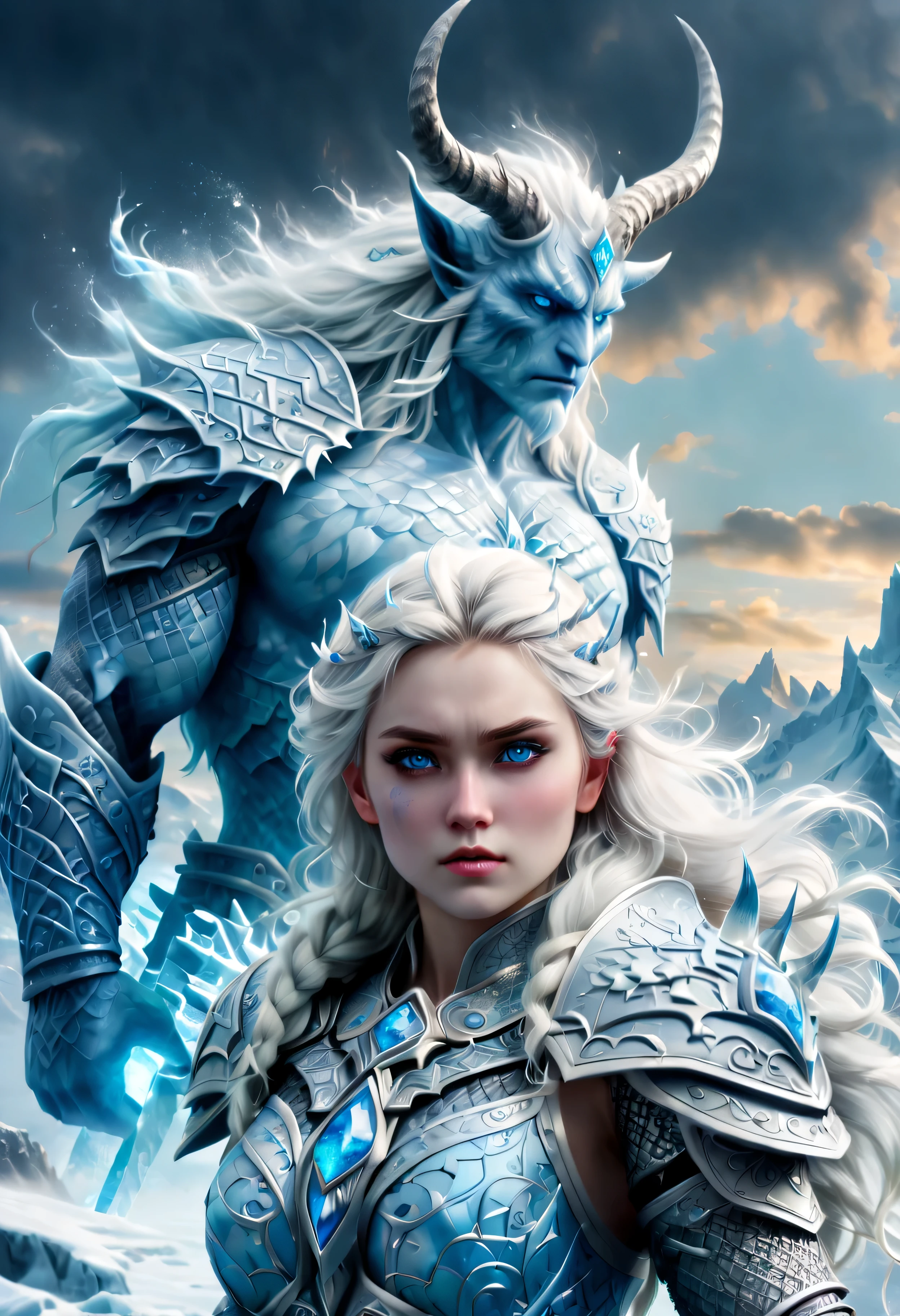 (best quality,ultra-detailed,realistic:1.37),portrait,icy blue tones,cold lighting,frozen landscape,sharp focus,long white hair,snowflake patterns,glowing blue eyes,majestic horns,noble expression,powerful build,ancient symbol tattooed on the arm,cracked ice armor,aurora borealis in the background,subtle frosty breath,stormy clouds,epic battle between gods and giants,dramatic atmosphere,luminous sword,mythical artifacts,epic proportions,mythical heroism,divine power,mythical beings,stormy seas,huge ice palace,authoritative presence,stoic demeanor,legendary weapon,mythical creature