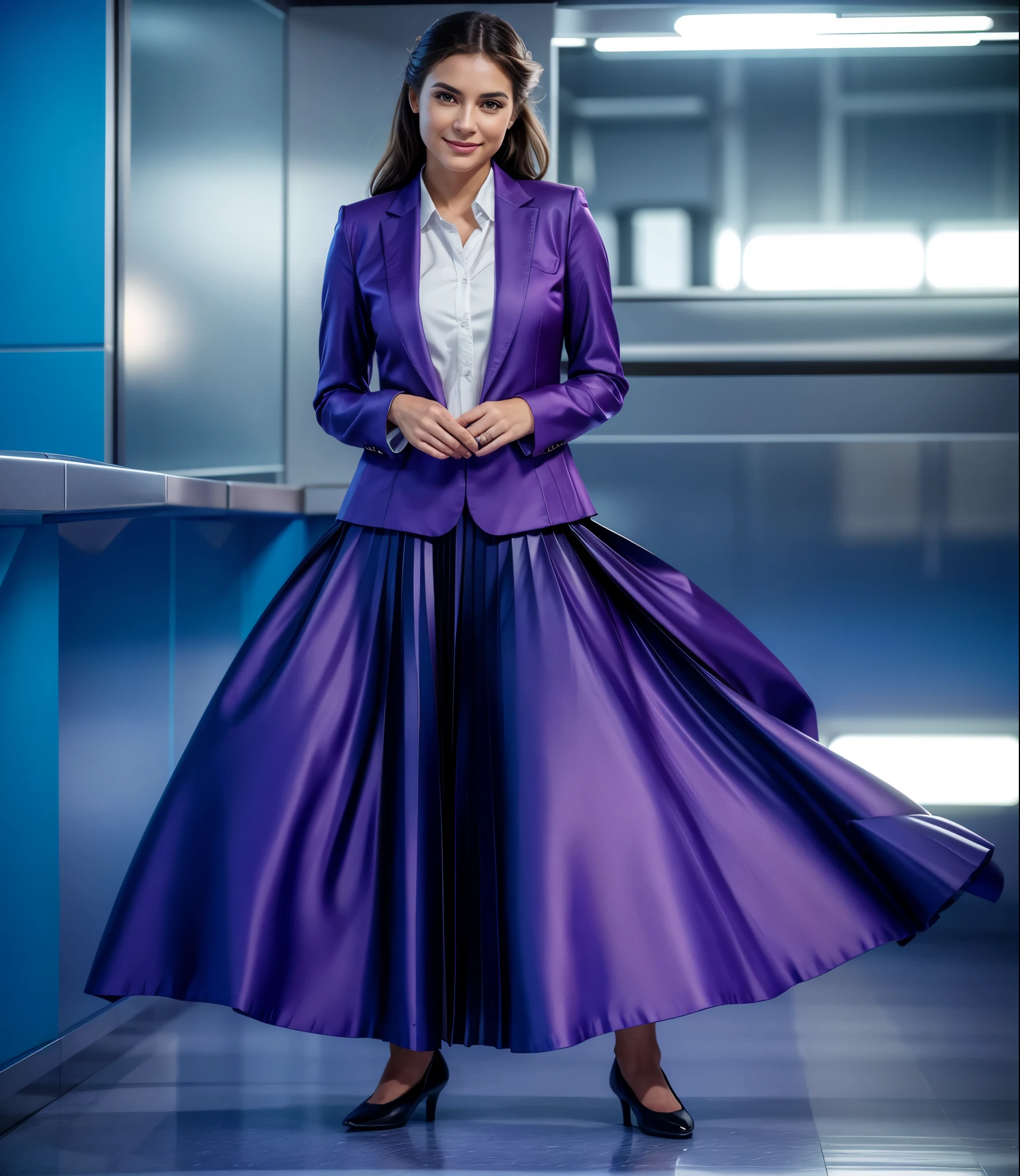 A smiling, authentic, (shy:1,3), kind, beautiful woman, completely alone in an empty space station, in love with her skirt, standing while wind lifts her skirt, wearing short blazer and very very detailed (long (fully pleated) full circle skirt) and (simple) low heeled office shoes, very very intricate hyper-detailed symmetric (attractive graceful young feminine face) with (sad, tired eyes and a shy smile), large breasts, full of empathy and compassion and love, (pronounced (feminine) features), (highly detailed ultra accurate realistic) hands and fingers, (windy), epic composition, highly detailed attributes, (35mm f1.4 Kodak portra 400 photograph), extremely high quality RAW photograph, highly detailed atmosphere, sci-fi, cinematic shot, dynamic lighting, 75mm, Technicolor, Panavision, cinemascope, sharp focus, fine details, 8k, HDR, realism, realistic, key visual, film still, superb cinematic color grading, depth of field