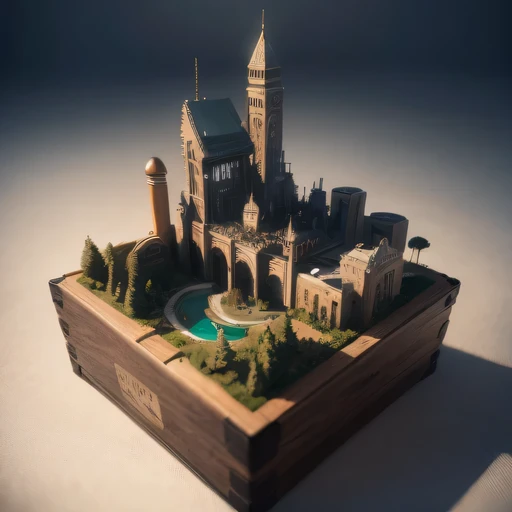 small realistic model, (bifurcation, original photo, best quality, masterpiece:1.4),SteampunkCyberpunk6920 City,(Cyberpunk light:1.3), Mards,horizon (related to land),(in a small nature box:1.3),Isometric, small nature, landscape on foundation,landscape,