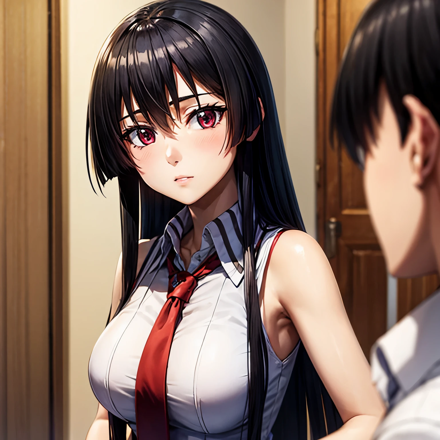 anime girl in black school uniform and red tie, best quality, high resolution, very smooth texture, cute and beautiful facial details, long black hair, big red eyes, eye liner, double eyelids, big breasts.