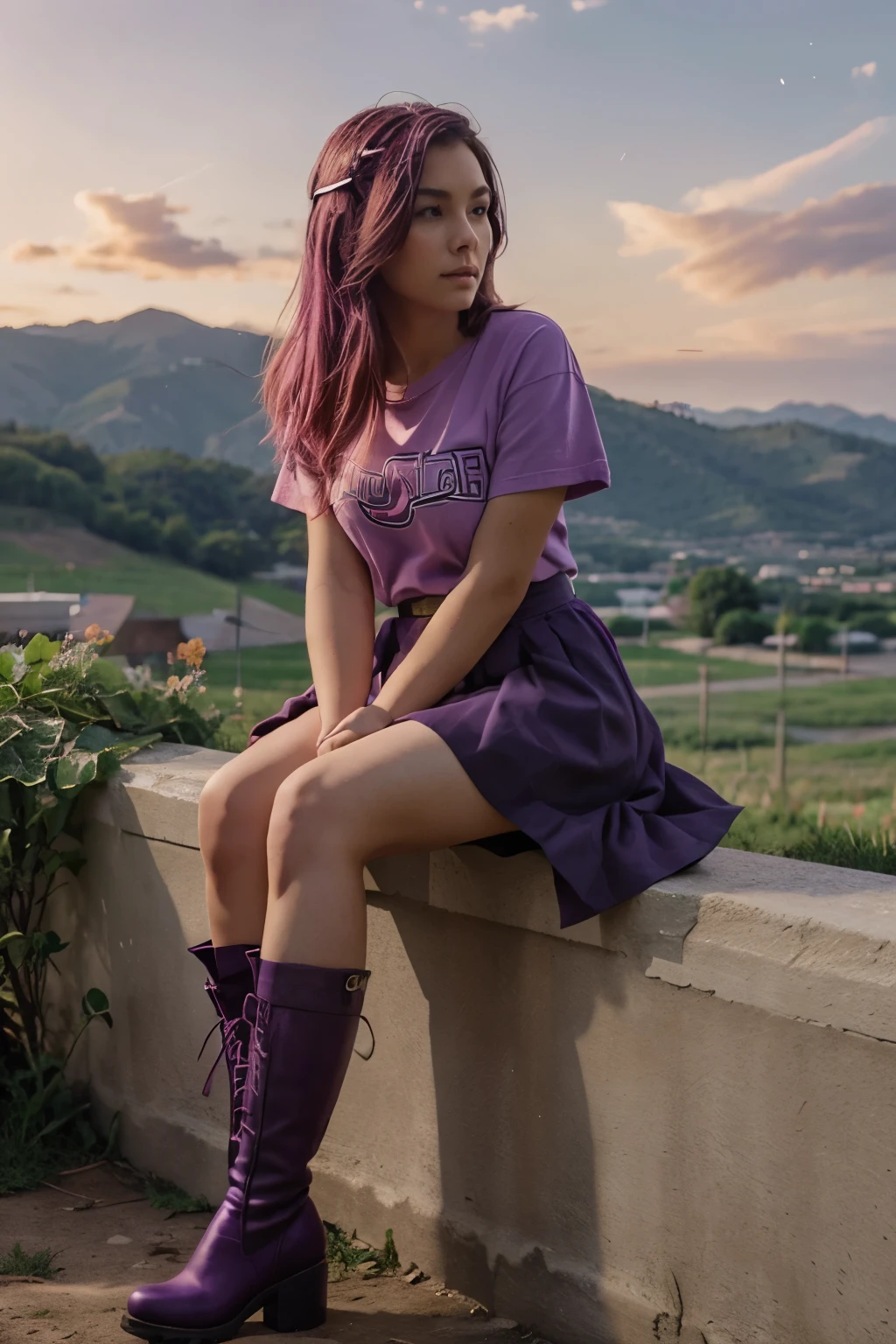 Stardew Valley, girl with purpler hair, pink tshirt, red skirt, purple boots