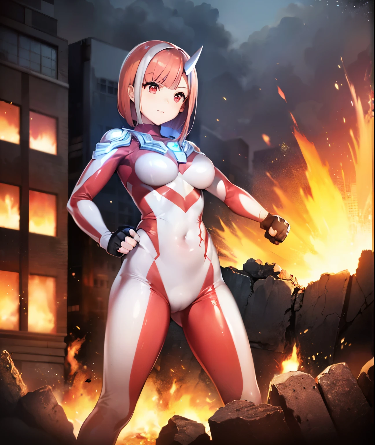 Highest image quality,8K beautiful detailed 1 young girl,(bright red hair:1.5),(short bob:1.5),(red eyes:1.5), (Ultra Girl :1.0), (silver and red ultraman bodysuit:1.4),big breasts,(Put your hands on your hips:1.2),(fist:1.2),The burning city,large number of buildings,Ruined buildings,In flames