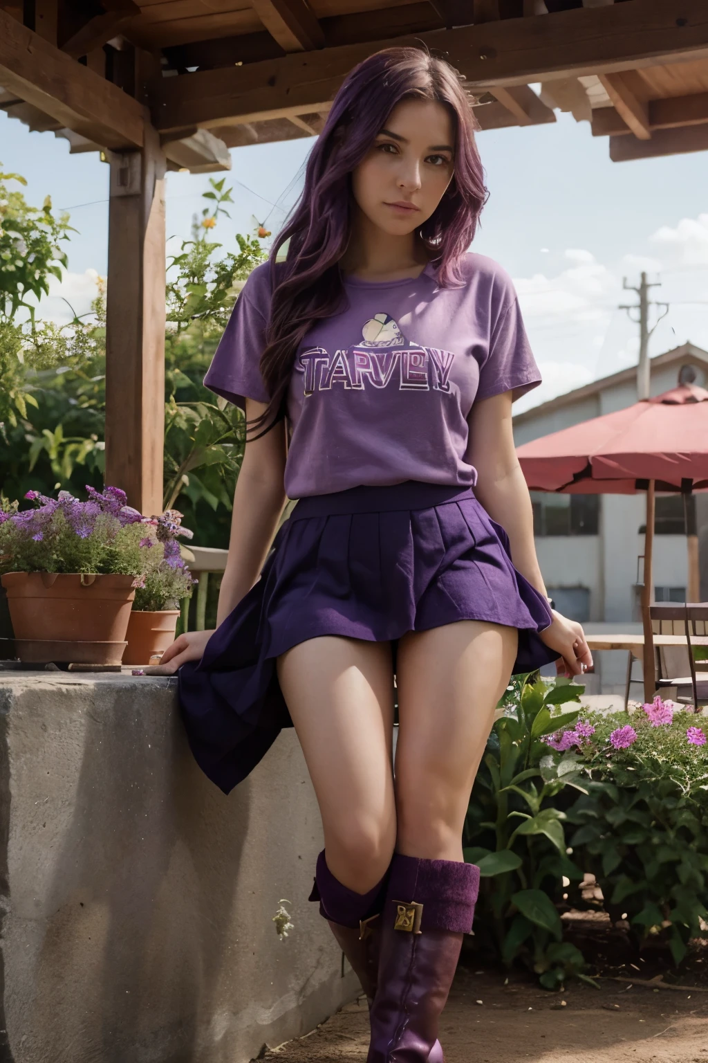 Stardew Valley, girl with purpler hair, pink tshirt, red skirt, purple boots