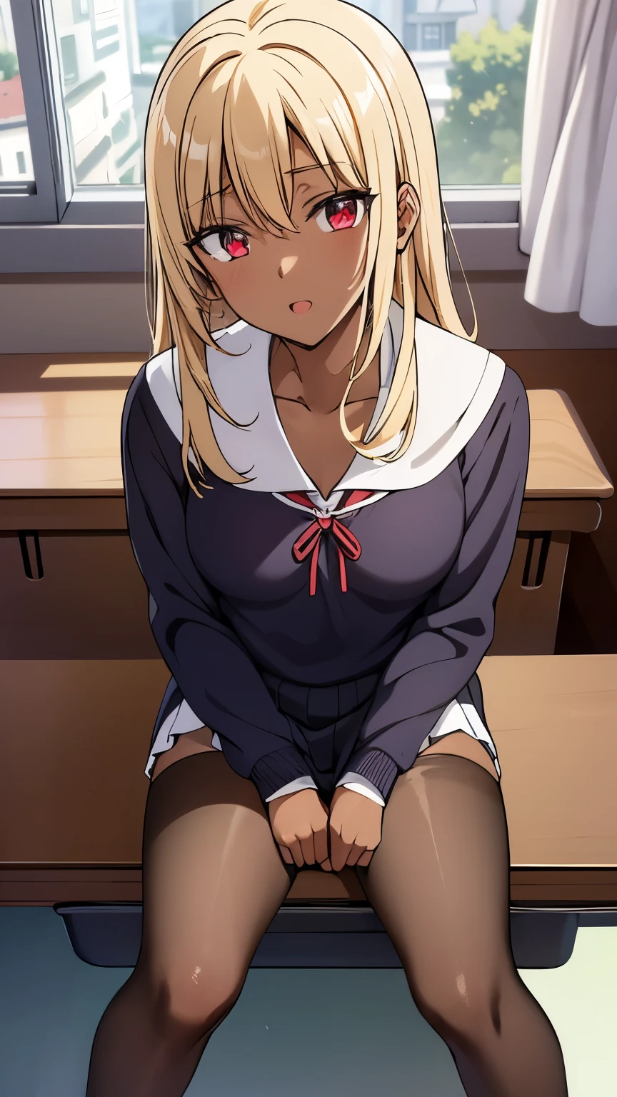 masterpiece, highest quality, High resolution, (1 Girl), masterpiece, highest quality, High resolution, senakashiwazaki, sena kashiwazaki, Blonde, Butterfly Hair Ornament, Long Hair, destroy cardigan, Checkered clothing, checkered skirt, Jacket, Long sleeve, tie, , shirt, skirt, Bedroom, bed, bed, bedroom, Spread your legs, panty shot, wedgie in underwear, (from below:1.5), Panty shot, Realistic Skin, Shiny skin, Glowing Skin, Sweaty Feet, Skirt up, (White panties:1.5), Highly detailed face, Perfect Sentence, Detailed CG, (Perfect hands, Perfect Anatomy), (Embarrassed look:1.5),