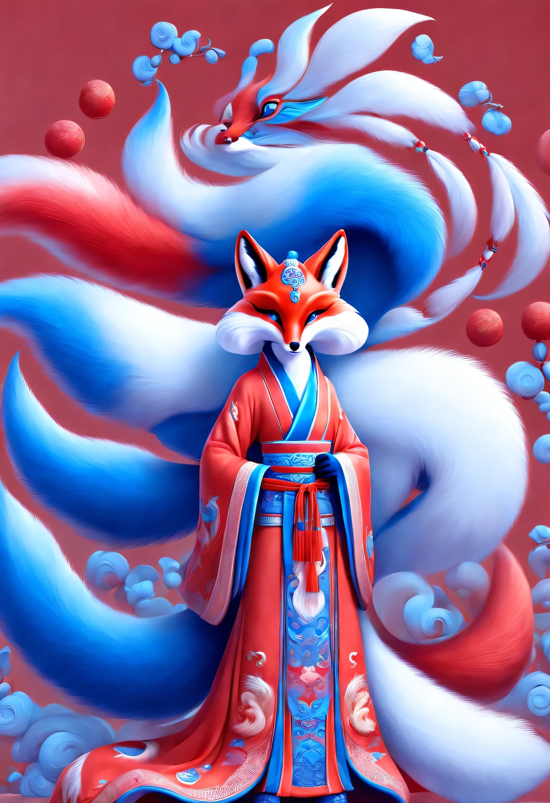 Zbrush style red and blue fashion painting, Oriental style, Soft realism and surreal details, blue and sky blue tones, (A white hair、blue eyes、Fox with nine red tails), Lots of fluffy red tails wrapped around, Ancient Chinese mythical beasts, fantasy,