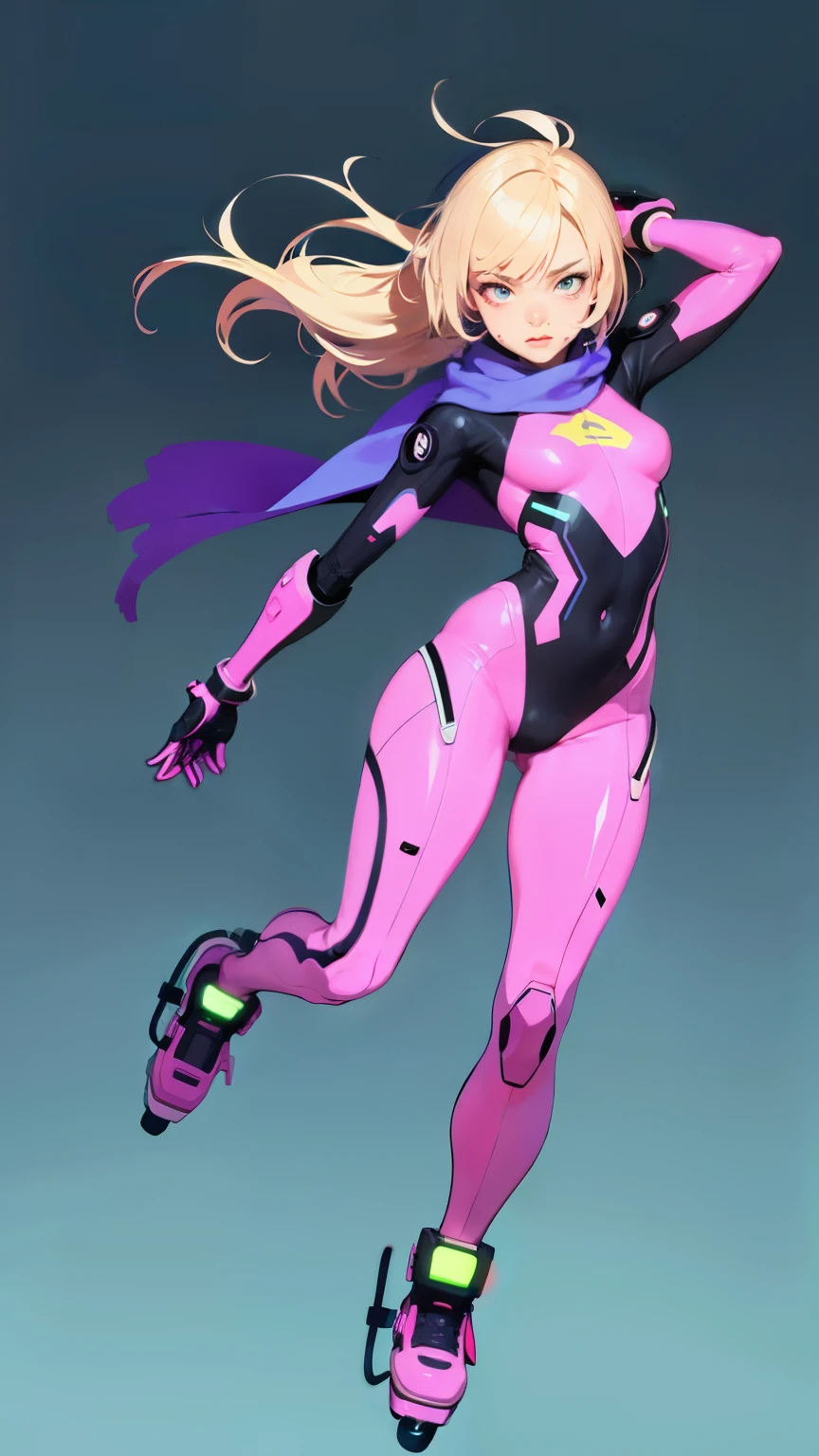 (ultra detailed,ultra high res,detailed background),((2D)),((flat color)),((muted color)),((floating neon)),1girl,solo,looking at viewer, BREAK, spray paint, graffiti, girl in a white fencing suit, long plush scarf, full body image, adult woman, anatomically perfect face, face in focus, symmetrical face, rollerskates, cyborg arms