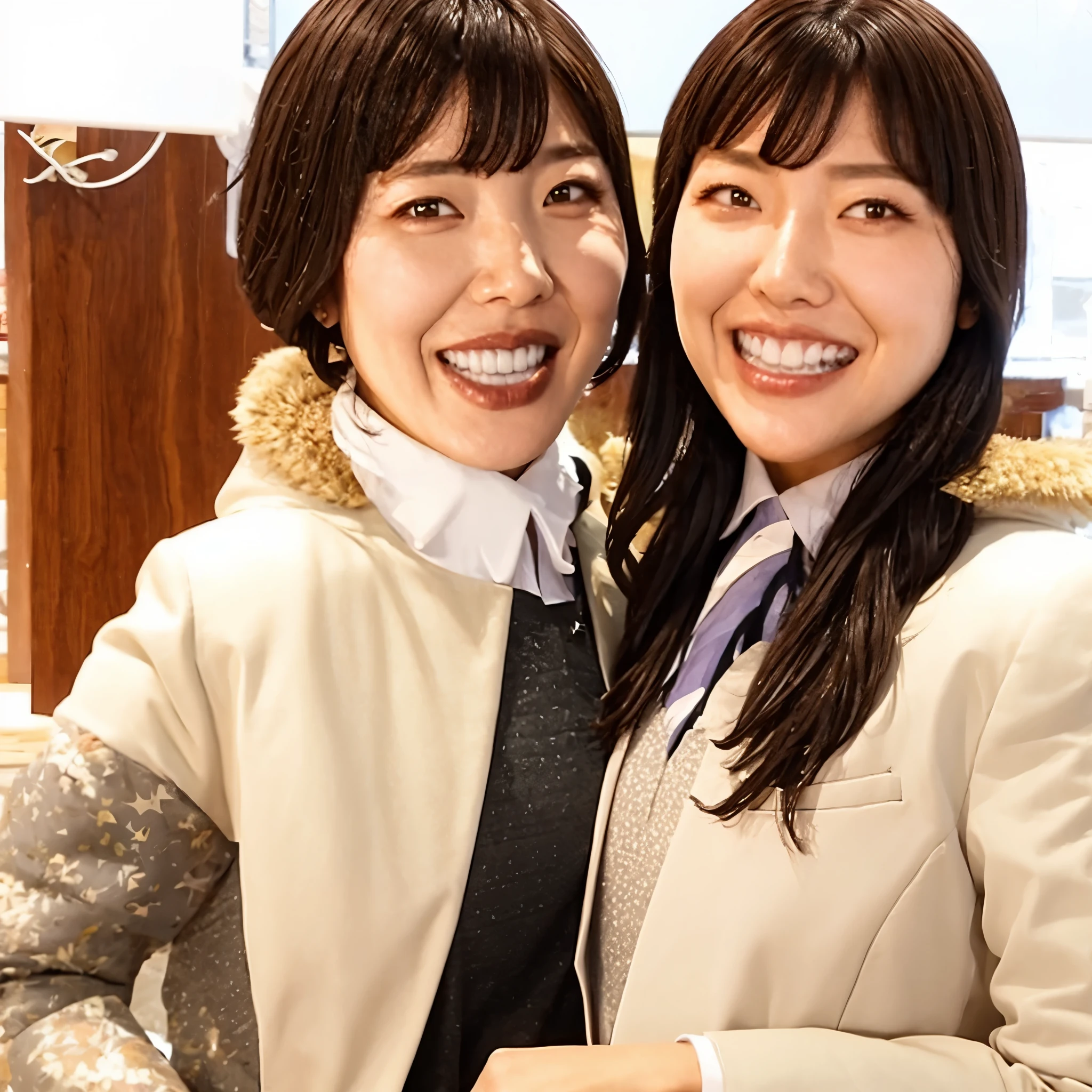 Amana Osaki, 1 girl, have, gloines, long hair, 一人in, white background, fur have, smile, brown hair, looking at iniewer, yellow eyes, simple background, fur trim, open your mouth, coat, blush, Winter clothes, Braid, white coat, in, long sleeines, bangs, swept bangs, teeth