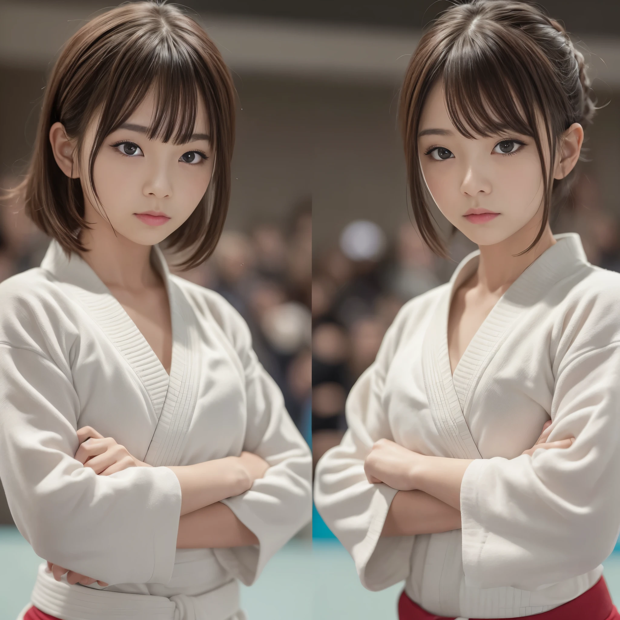 (RAW photo:1.2), (realistic), beautiful detailed girl, very detailed eyes and face, beautiful and detailed eyes, huge file size, High resolution, very detailed, highest quality, [table top:1.6], shape, very detailed, small details, highest quality, 8k wallpaper, movie lighting,-yeld hischool girl, High school girls in judo club, In underwearで柔道をする,  In underwear, Judo, on top of tatami, standing position, short hair, slender body, Judoがはだけて白いブラジャーが見えている,Judoがはだけて白いパンティーが見えます, calm expression, slender body, young face, immature body, underwear exposed, Judo club scene
