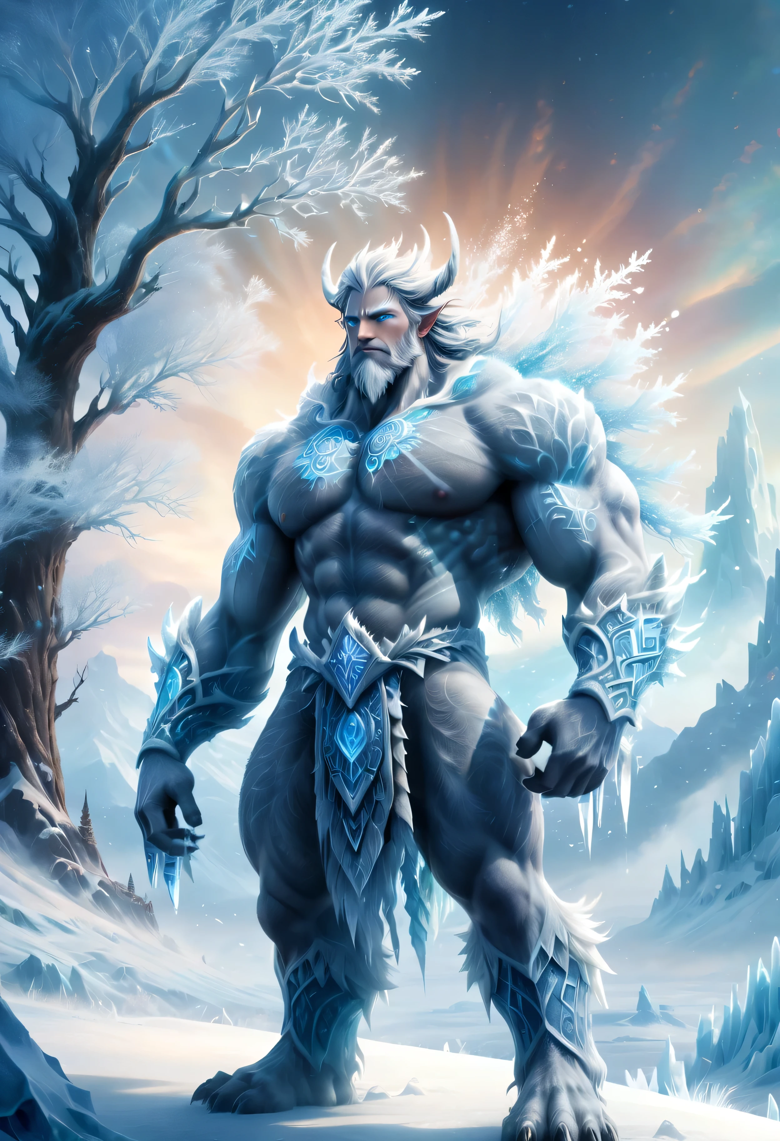 (best quality,highres:1.2),ultra-detailed,realistic:1.37,Ymir,white icy skin,glowing blue eyes,frosted hair,massive and muscular body,aurora borealis surrounding Ymir,sparkling ice crystals all over the body,gentle smile,soft expression,snowflakes falling from the sky,giant's hand causing frost on trees,cold and frosty atmosphere,subtle icy breath,blizzard swirling in the background,majestic and powerful presence,icy landscapes stretching into the distance,ancient runes carved into the ice,ice shards floating in the air,magical energy emanating from Ymir,crackling ice formations,winter winds howling,ethereal and otherworldly appearance,Norse symbols and artifacts scattered around Ymir,glowing frosty aura,mythical and majestic creature,standing amidst a frozen kingdom.