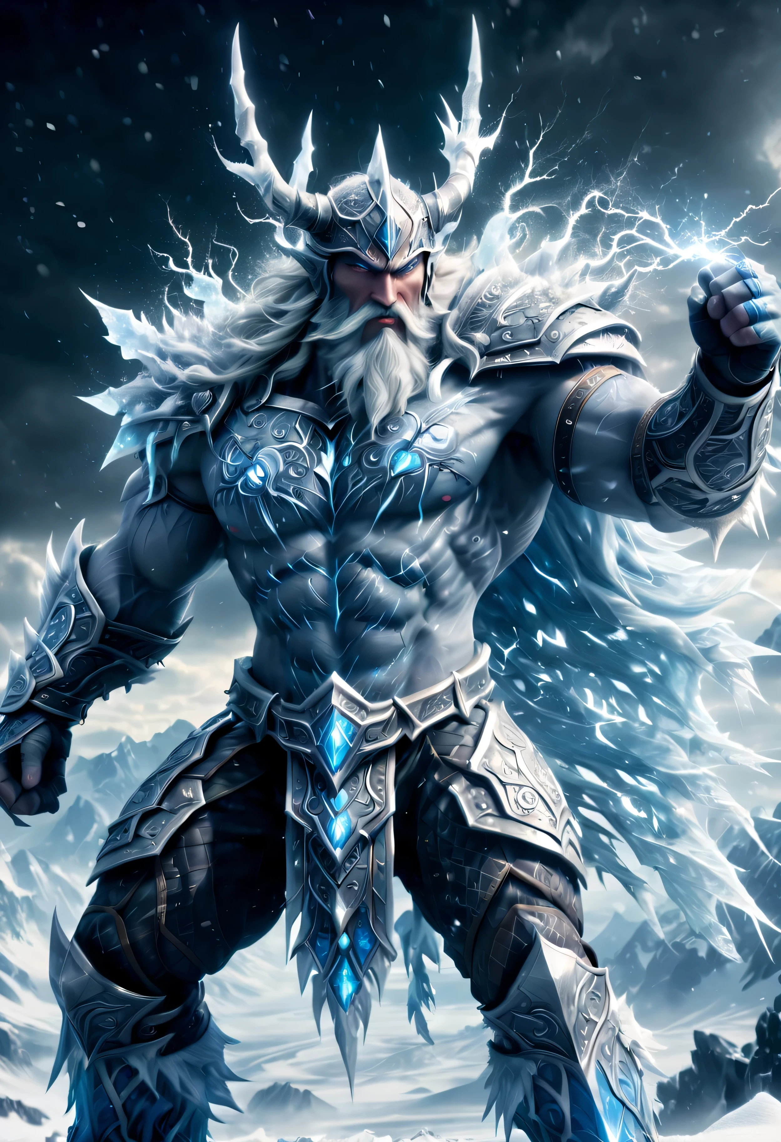 (battle, epic, godlike),(ice, snow, frost:1.2),(mountains, glaciers, frozen landscape),(stormy skies, lightning, thunder),(mythical creature, towering, intimidating),(beard:1.1, muscular build),(sharp, piercing eyes),(icy breath, frosty aura),(ancient, powerful),(frozen world, icy wasteland),(majestic, grand),(sinister presence),(mythical realm),(Norse mythology, mythology),(mythical weapon, ice spear),(enchanted armor, glistening),(epic battle scene, clash of titans),(blizzard:1.1, swirling snowflakes),(immortal, everlasting),(ancient language, rune inscriptions),(mythical heritage),(frost magic, ice manipulation),(legendary figure),(glacial powers),(divine ancestry),(epic cinematic, high-contrast),(gods and giants),(Nordic folklore).