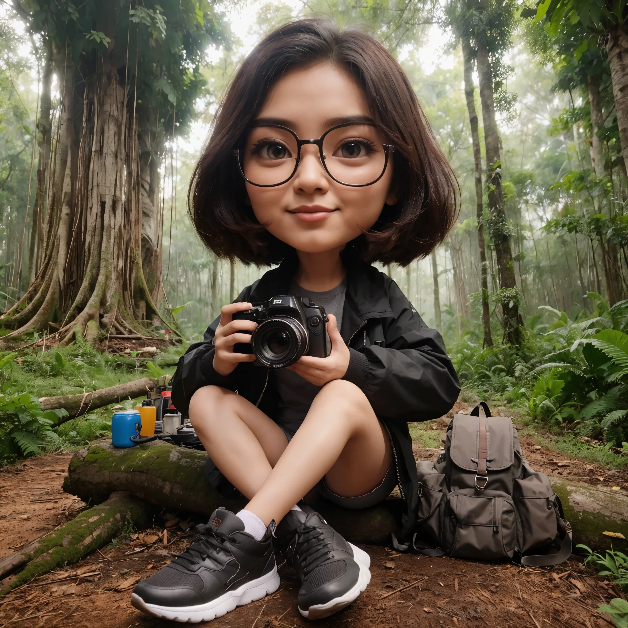 karikatur 3d, poto seorang wanita indonesia, pakai kacamata, rambut sebahu rapi, agak gemuk, berjaket hitam celana pendek, duduk sambil memegang kamera, camping ditengah hutan hujan dan ada pohon besar, dikelilingi banyak pohon dan burung, ultra hd, poto jelas