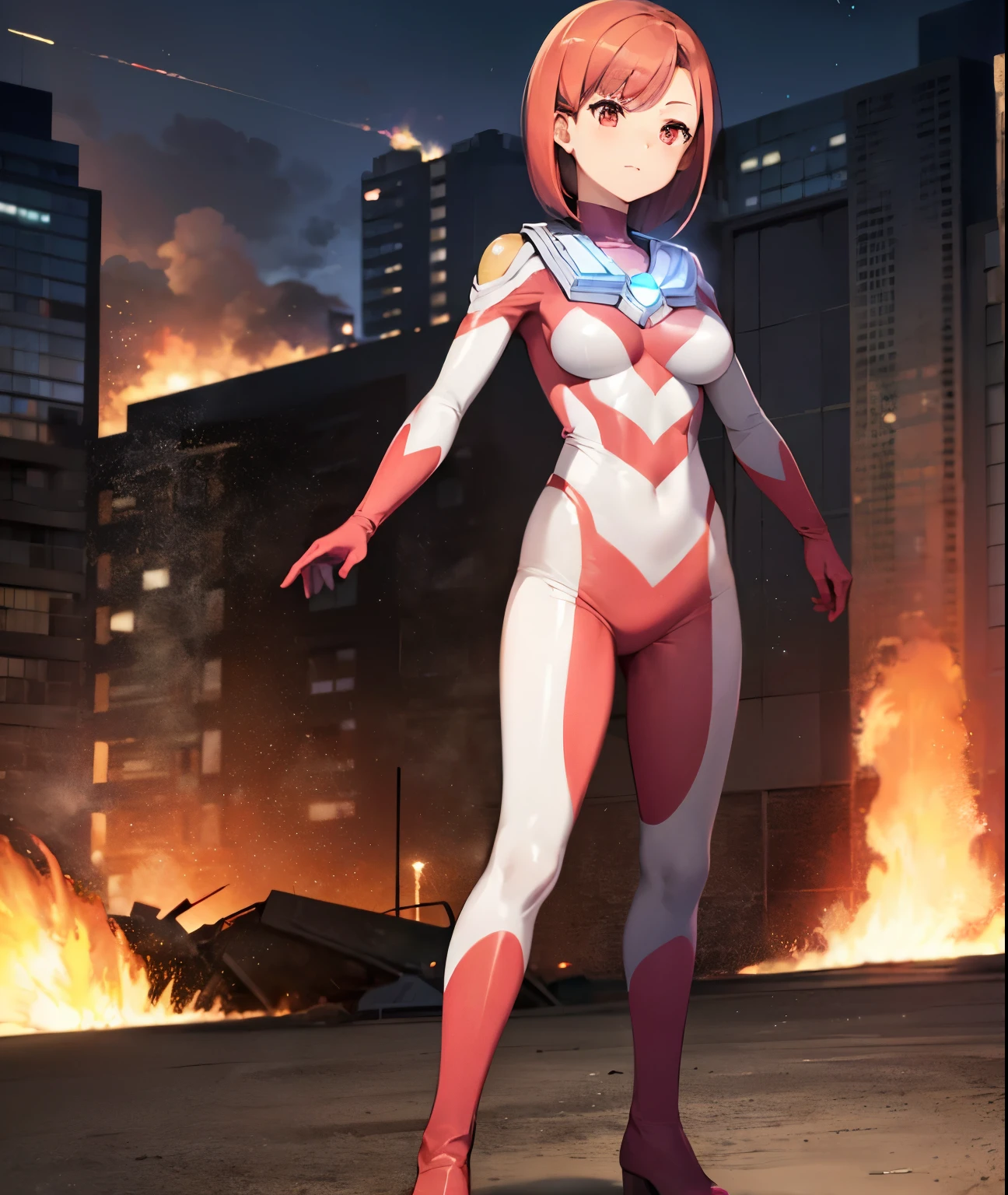 Highest image quality,8K beautiful detailed ung girl,(bright red hair:1.5),(short bob:1.5),(red eyes:1.5), (Ultra Girl :1.0), (silver and red ultraman bodysuit:1.4),big breasts,The burning city,large number of buildings,Ruined buildings,In flames,monster,monsterとバトル