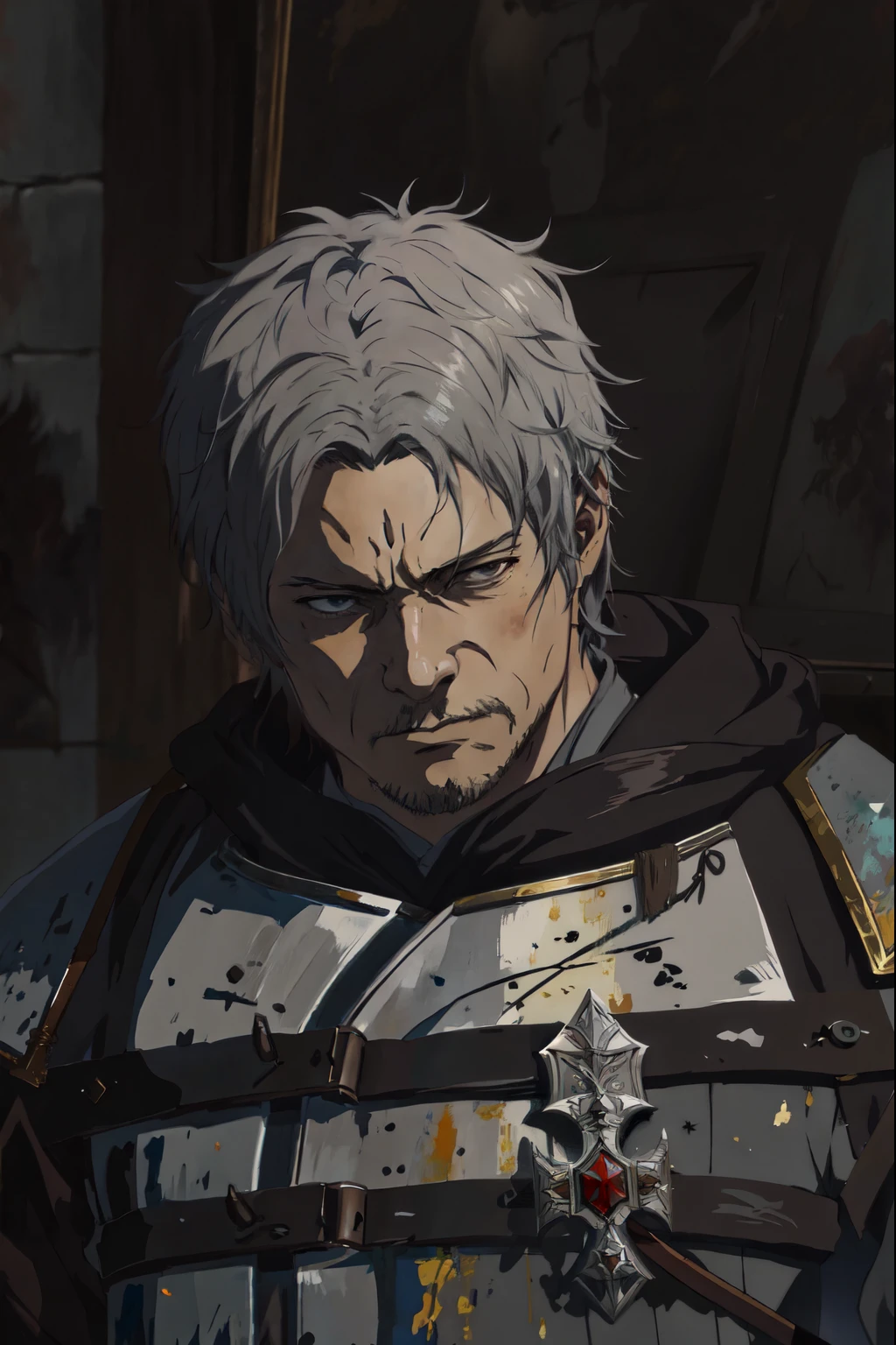 there is a painting of a man, portrait style of wlop, painted in high resolution, Dark Souls, Miyazaki inspired, painted character portrait, made with anime painter studio, medieval anime portrait 