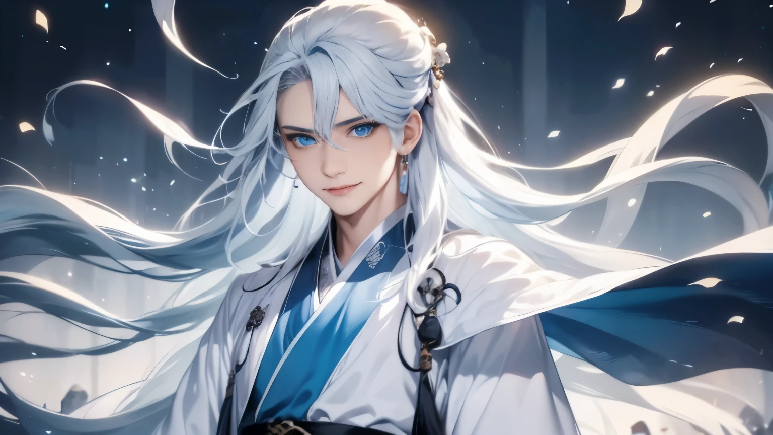 1 boy, alone，long white hair, blue eyes, Smile，Chinese clothes，hanfu，(sword:1.2)，(红色sword身:1.2)，Monte，mountain peak，sea of clouds，，dynamic lens，dynamic poses，