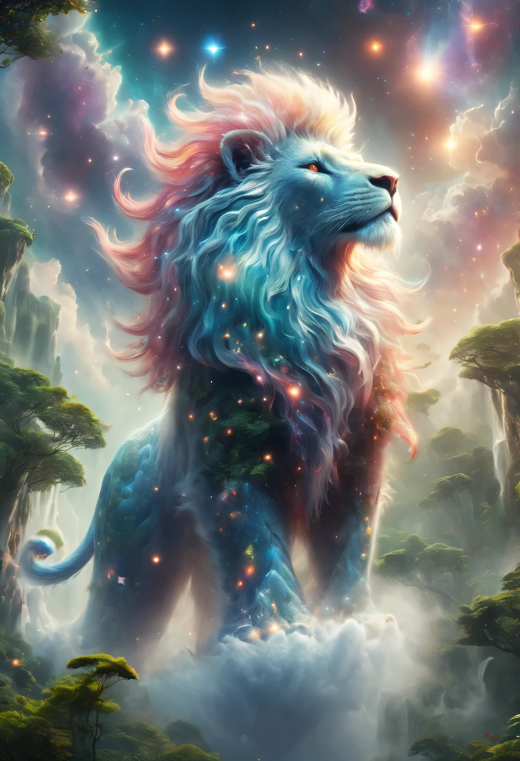 (best quality,high-rise building,masterpiece:1.2),illustration,Super fine,Magical animals in the vast jungle,flying lion,Forest monsters,Walking on colorful auspicious clouds and mist,ethereal atmosphere,mesmerizing palette,Bright Eyes,The presence of majesty,Unique and intricate patterns,Extraordinary ability,Hidden in the mysterious forest,Cast spells,nature guardian,fly over the stars,Legend has it that it will bring good luck and wealth,令人着迷的Change,Inspired by legendary stories,Awesome beauty,otherworldly presence,Change:1.1。