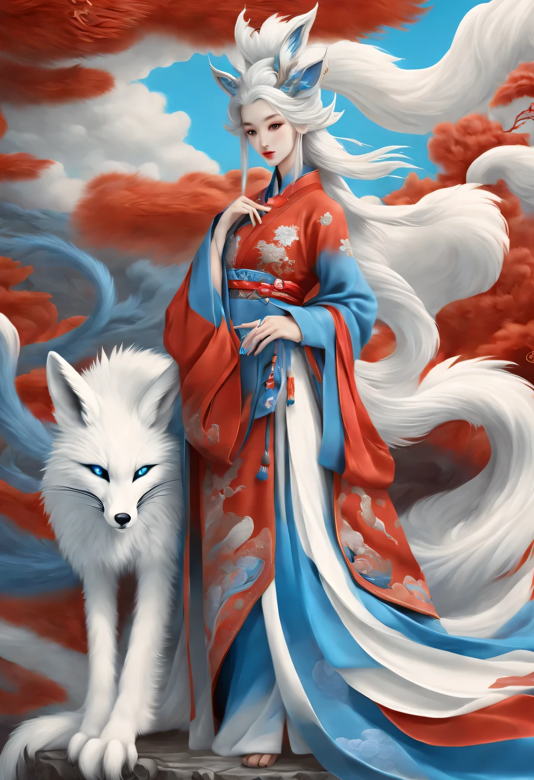 Zbrush style red and blue fashion painting, Oriental style, Soft realism and surreal details, blue and sky blue tones (A fox with only nine red tails and blue eyes: 1.0), fox beautiful face, white hair, Lots of fluffy red tails wrapped around, Ancient Chinese mythical beasts, Classic of Mountains and Seas, fantasy,